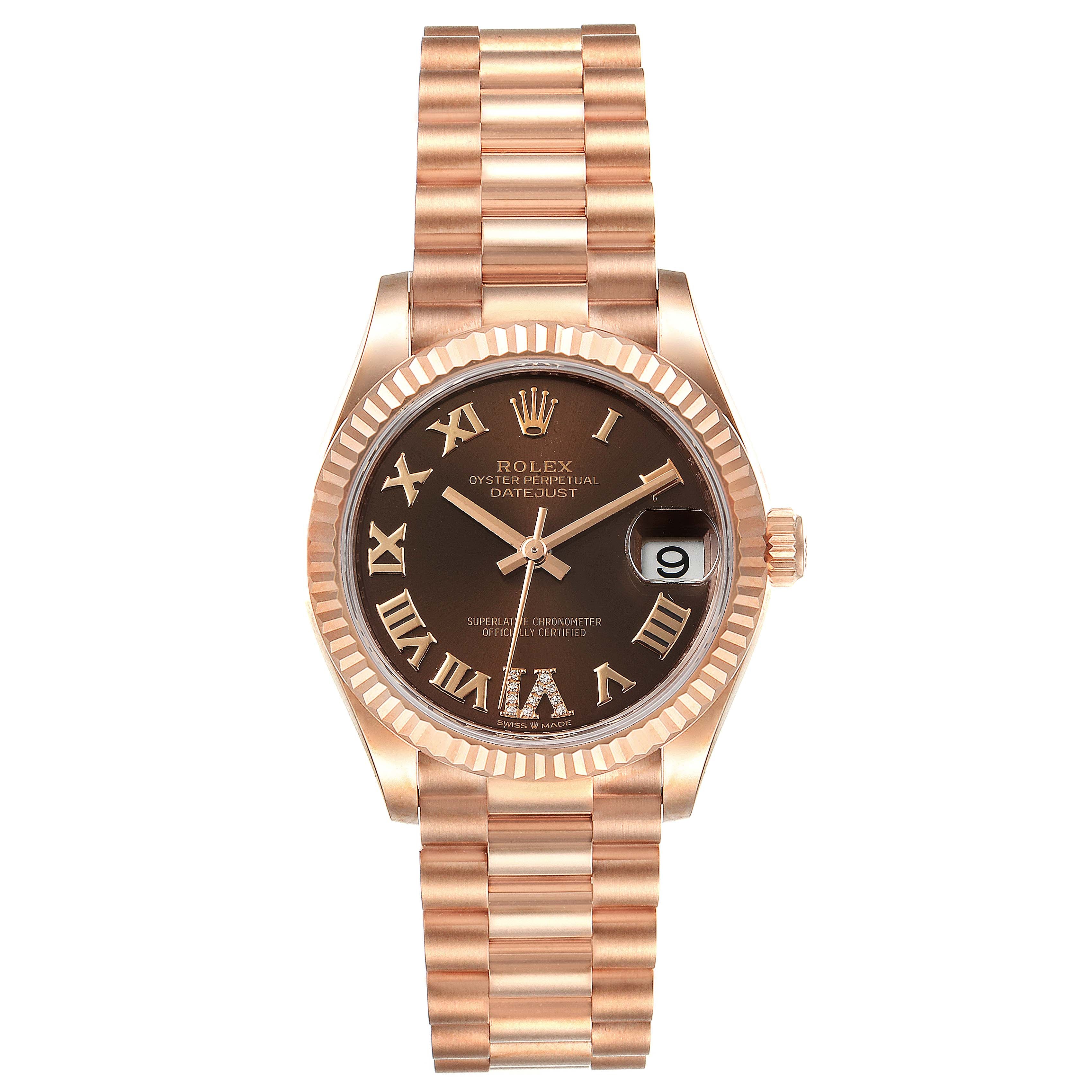 Rolex President Midsize Rose Gold Chocolate Diamond Watch 278275 Unworn