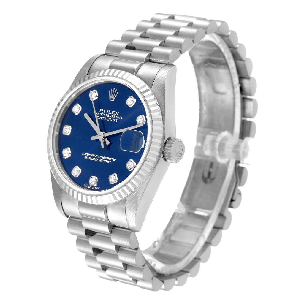 Rolex President Midsize White Gold Blue Diamond Dial Ladies Watch 78279