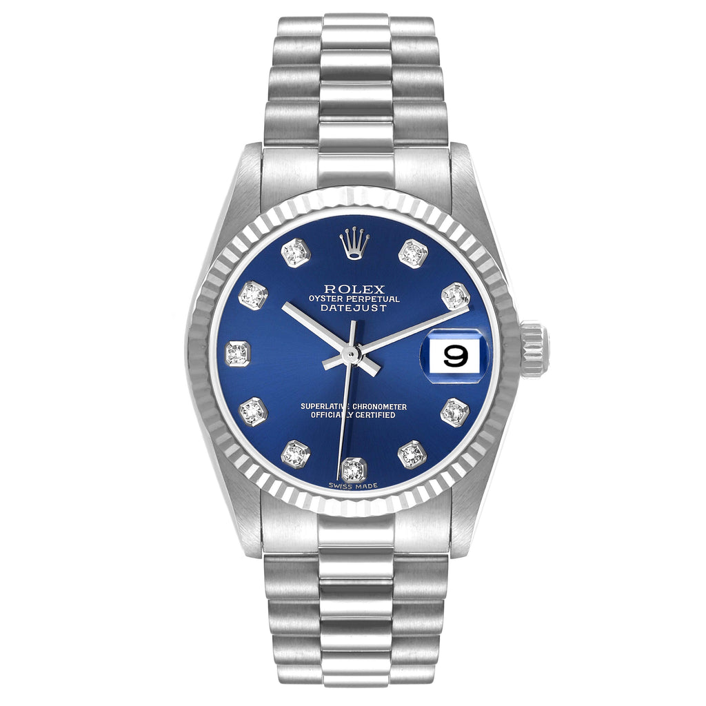 Rolex President Midsize White Gold Blue Diamond Dial Ladies Watch 78279
