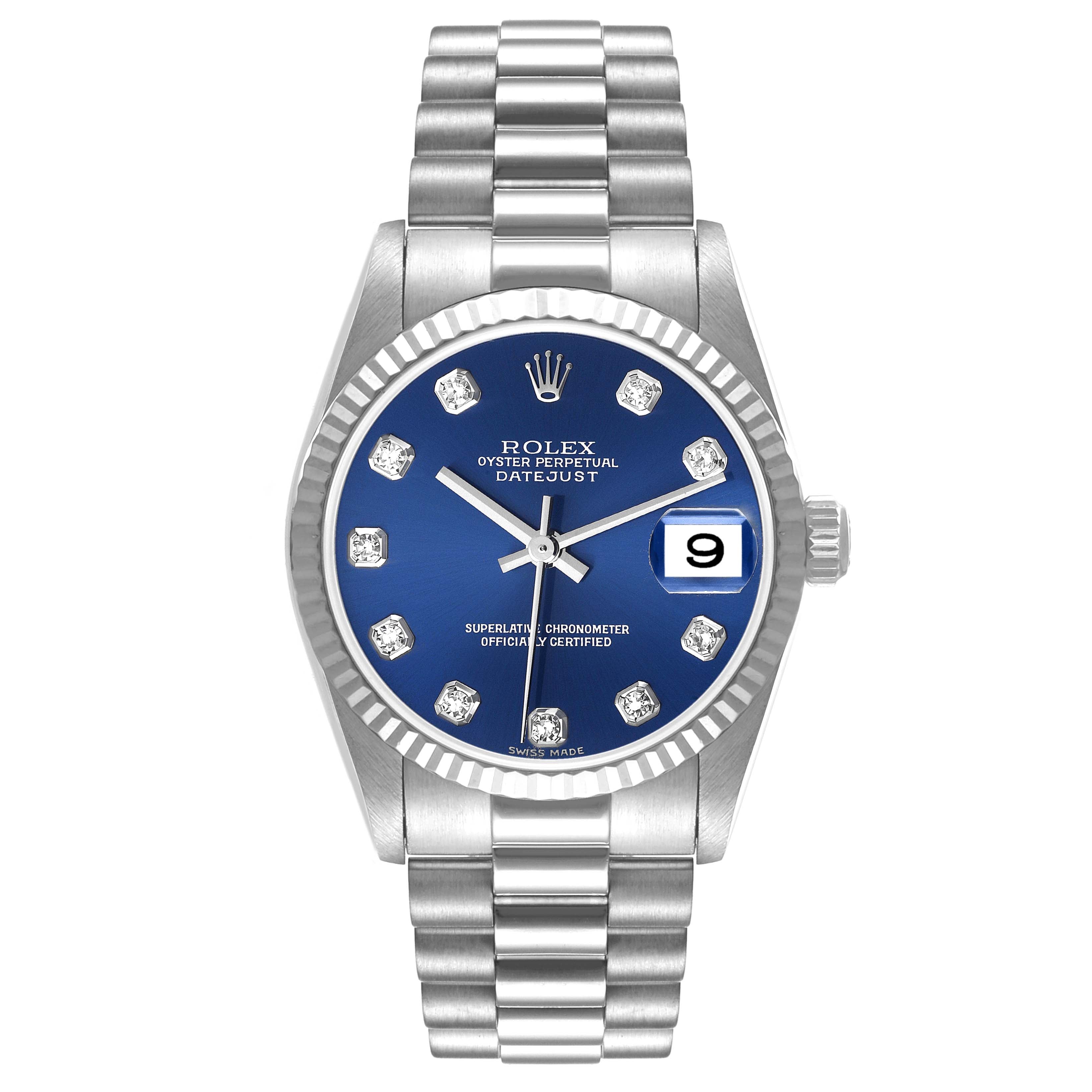Rolex President Midsize White Gold Blue Diamond Dial Ladies Watch 78279