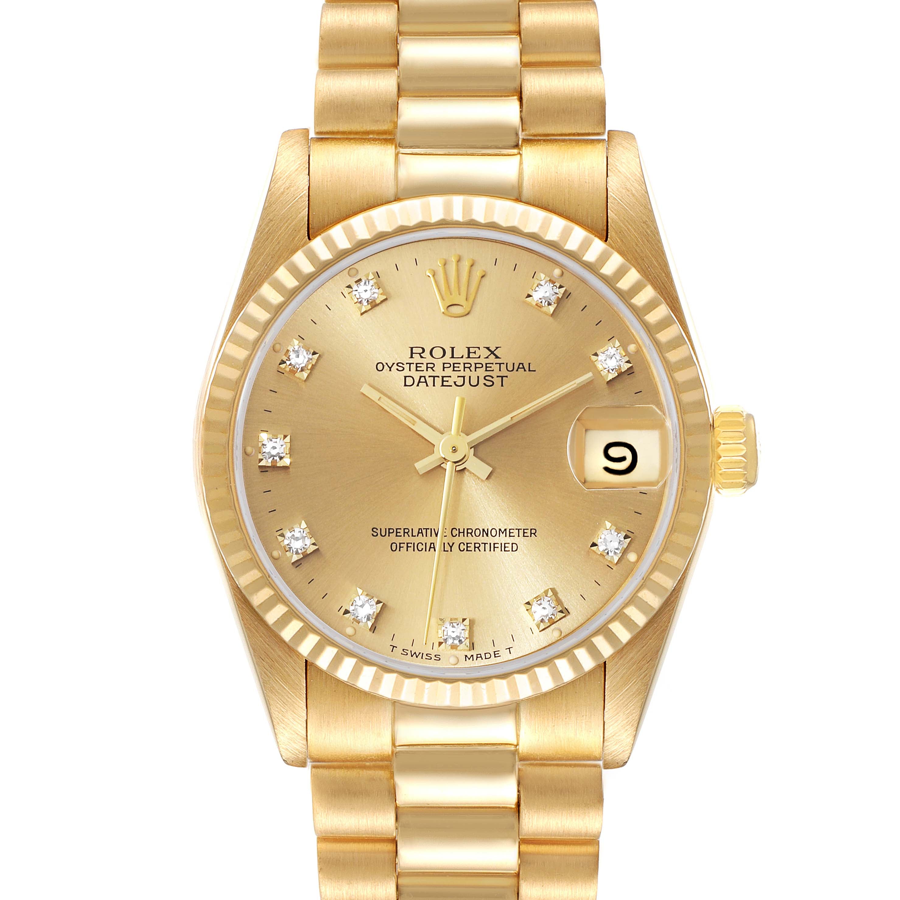 Rolex President Midsize Yellow Gold Diamond Dial Ladies Watch 68278 Box Papers