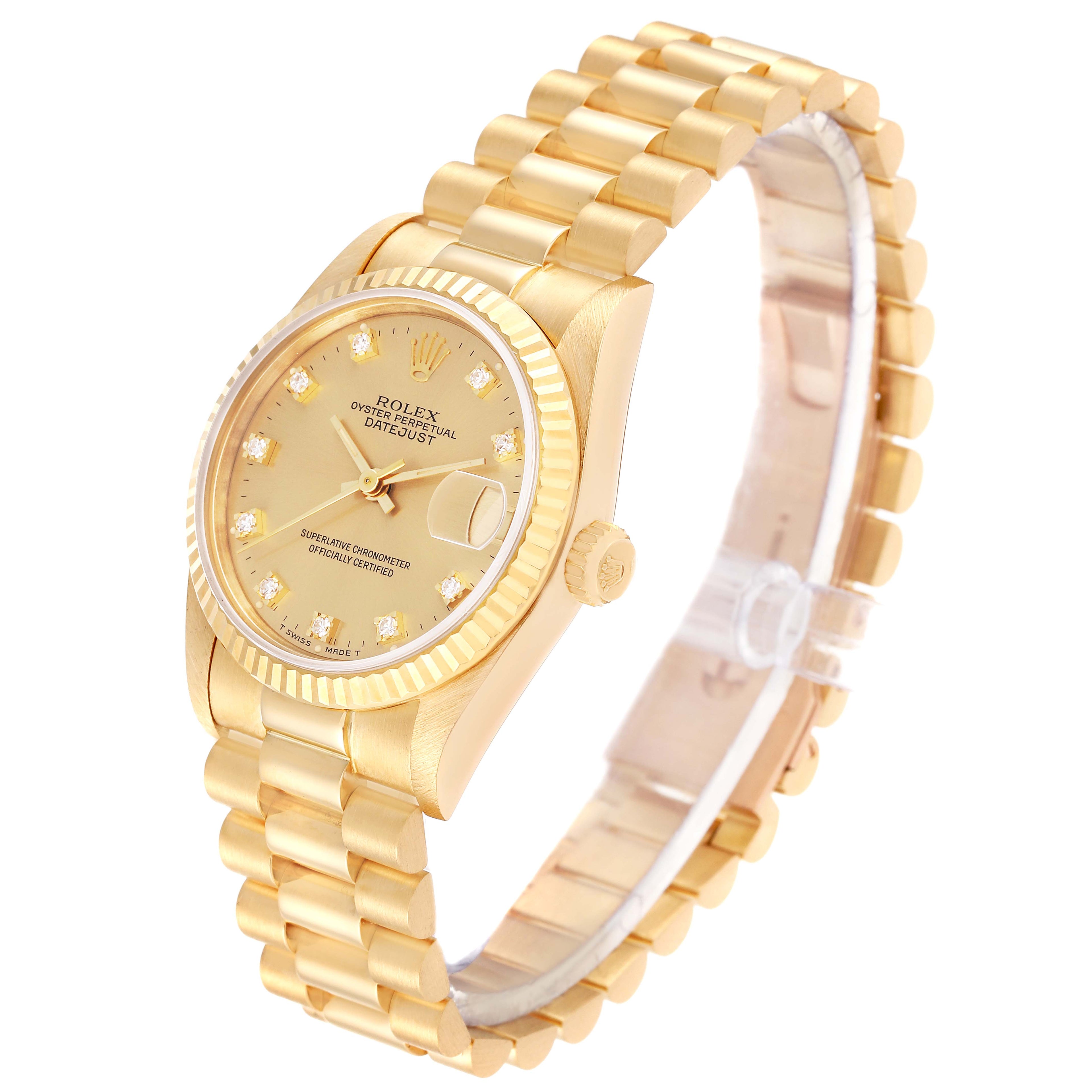 Rolex President Midsize Yellow Gold Diamond Dial Ladies Watch 68278 Box Papers