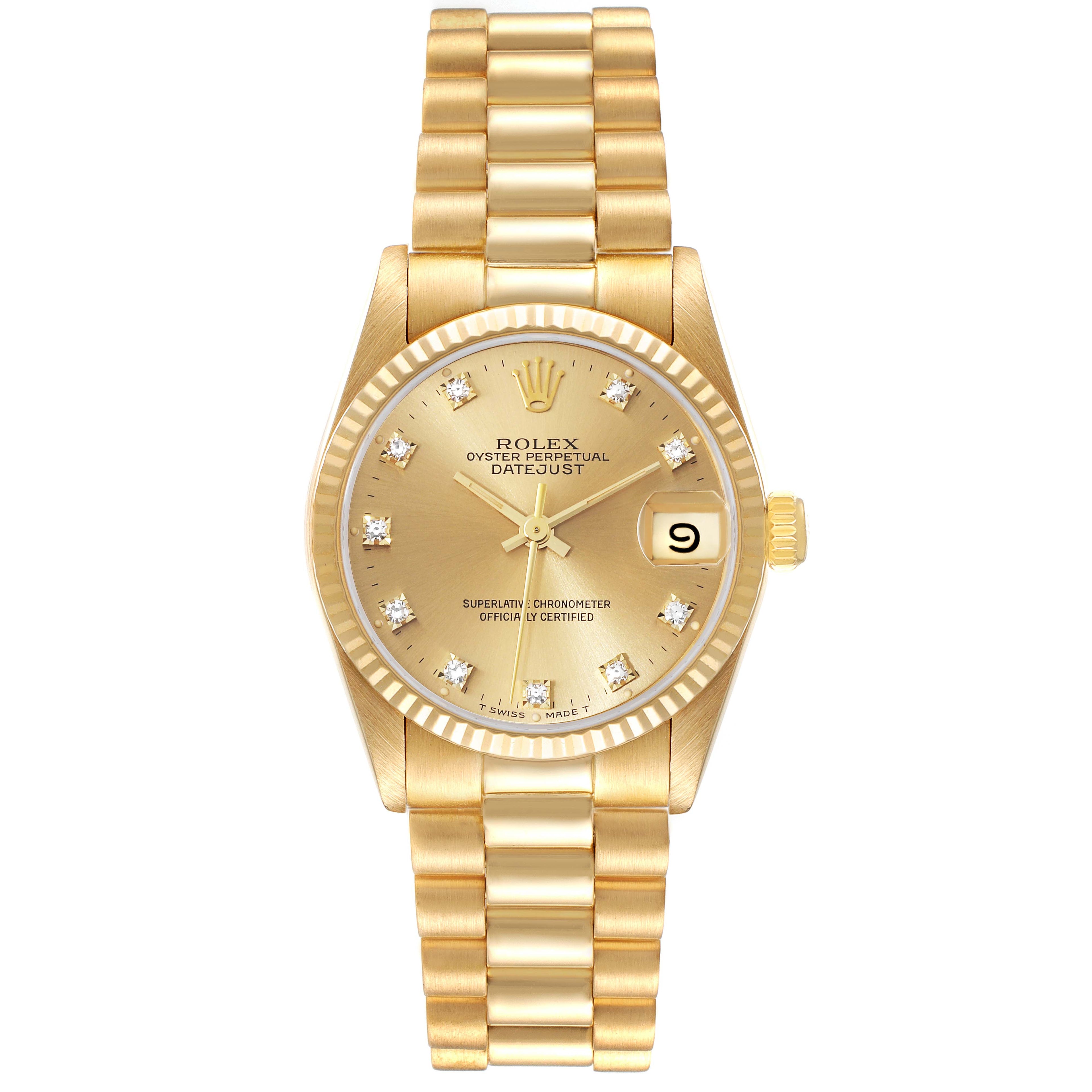 Rolex President Midsize Yellow Gold Diamond Dial Ladies Watch 68278 Box Papers
