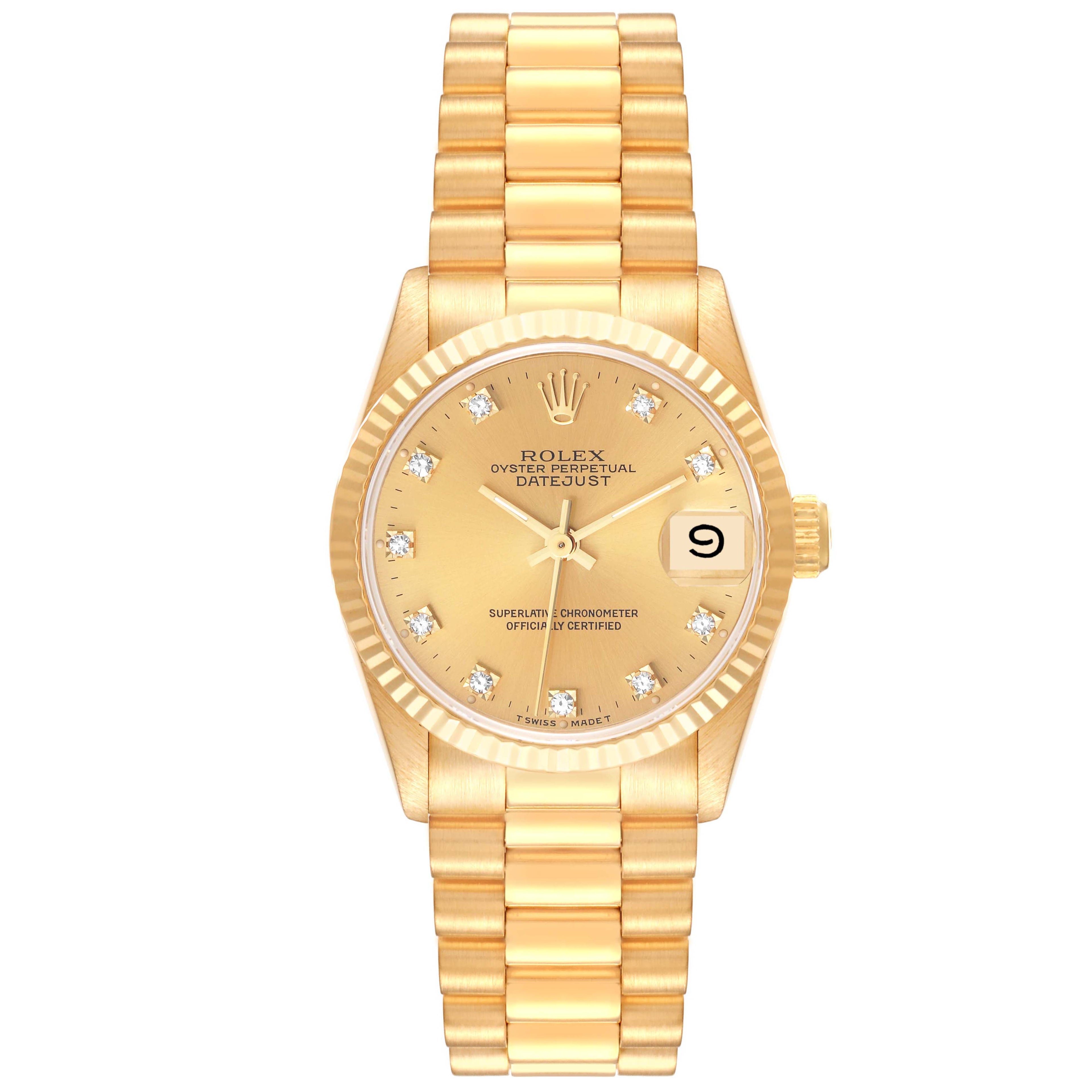 Rolex President Midsize Yellow Gold Diamond Dial Ladies Watch 68278 Papers