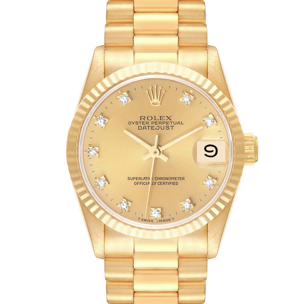 Rolex President Midsize Yellow Gold Diamond Dial Ladies Watch 68278 Papers