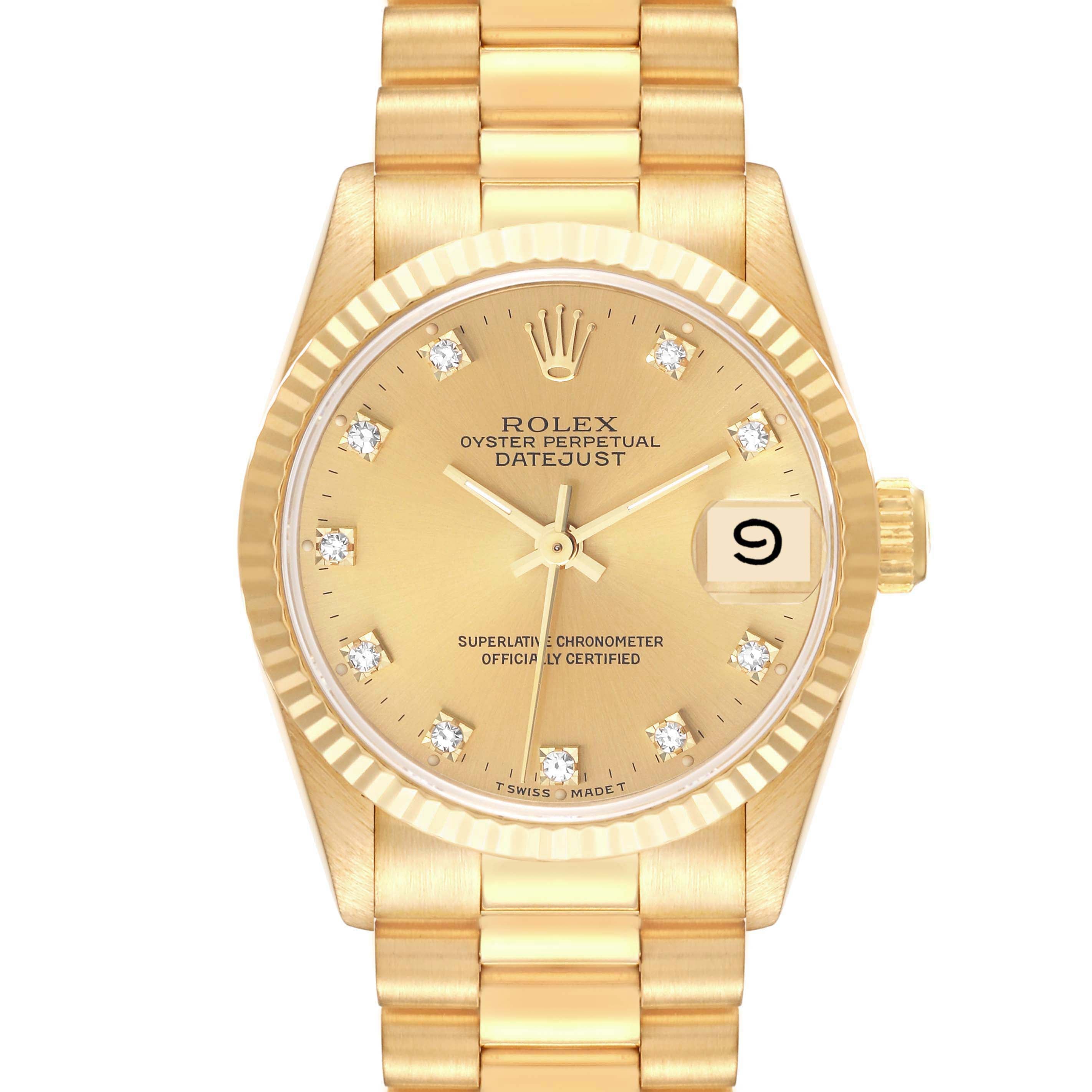 Rolex President Midsize Yellow Gold Diamond Dial Ladies Watch 68278 Papers