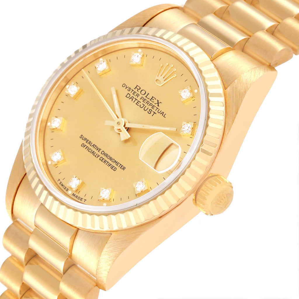 Rolex President Midsize Yellow Gold Diamond Dial Ladies Watch 68278 Papers