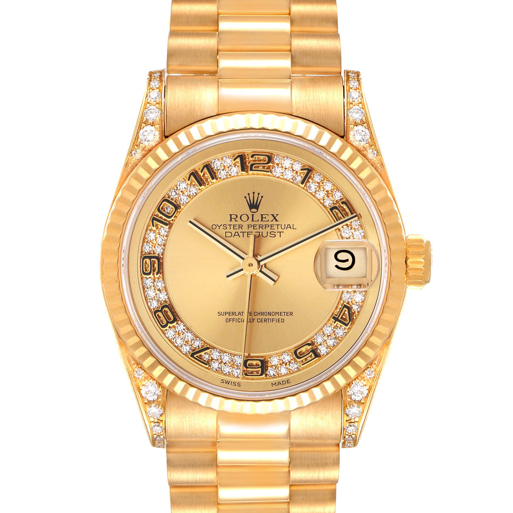 Rolex President Midsize Yellow Gold Myriad Diamond  Dial Ladies Watch 68238 Box Papers