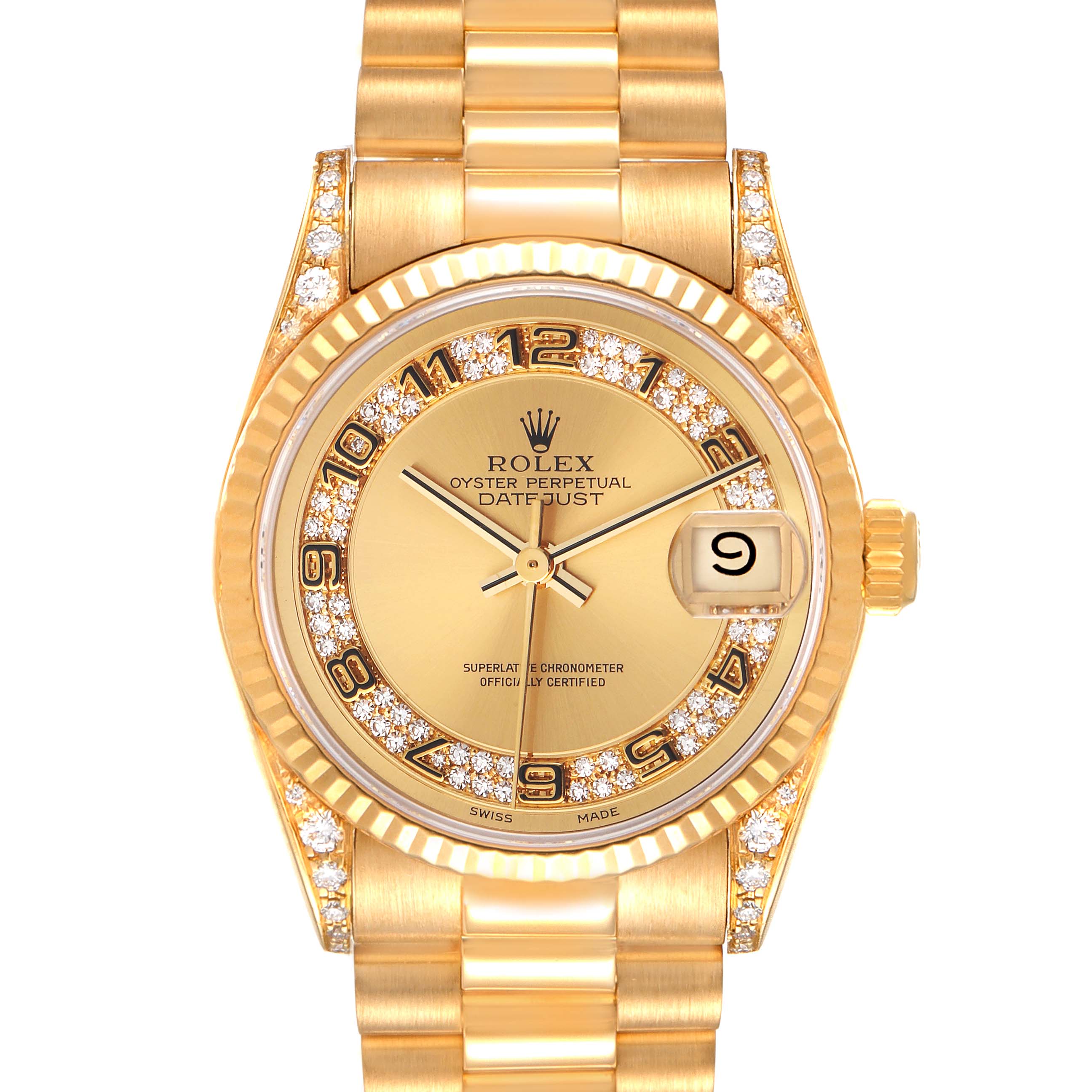 Rolex President Midsize Yellow Gold Myriad Diamond  Dial Ladies Watch 68238 Box Papers