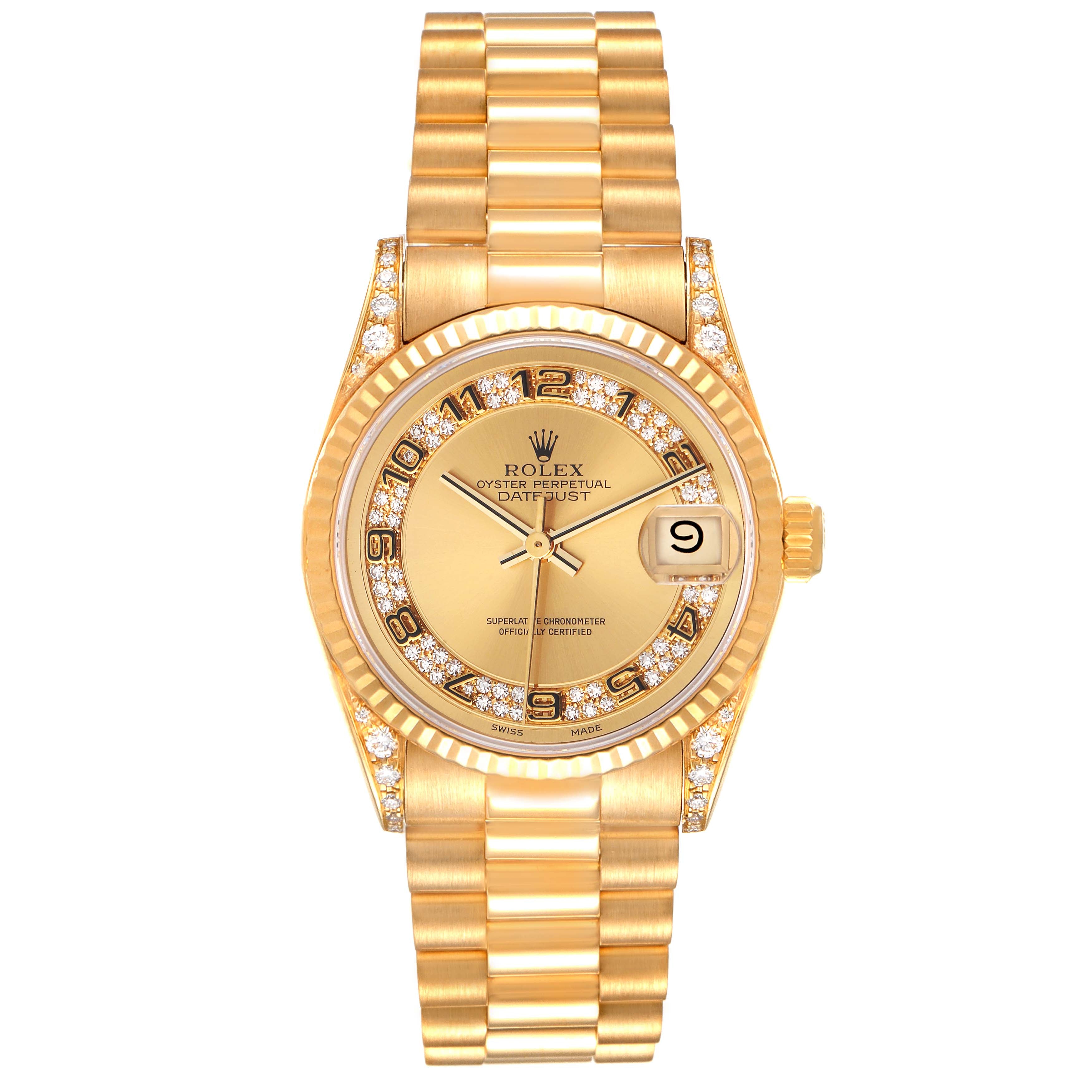 Rolex President Midsize Yellow Gold Myriad Diamond  Dial Ladies Watch 68238 Box Papers