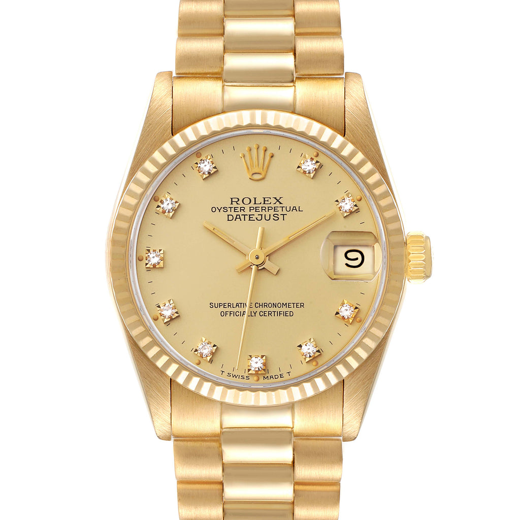 Rolex President Midsize Yellow Gold Diamond Ladies Watch 68278 Box Papers