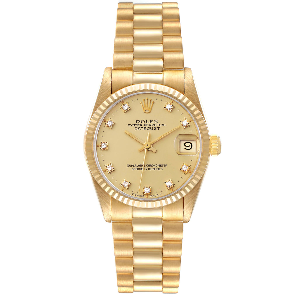 Rolex President Midsize Yellow Gold Diamond Ladies Watch 68278 Box Papers