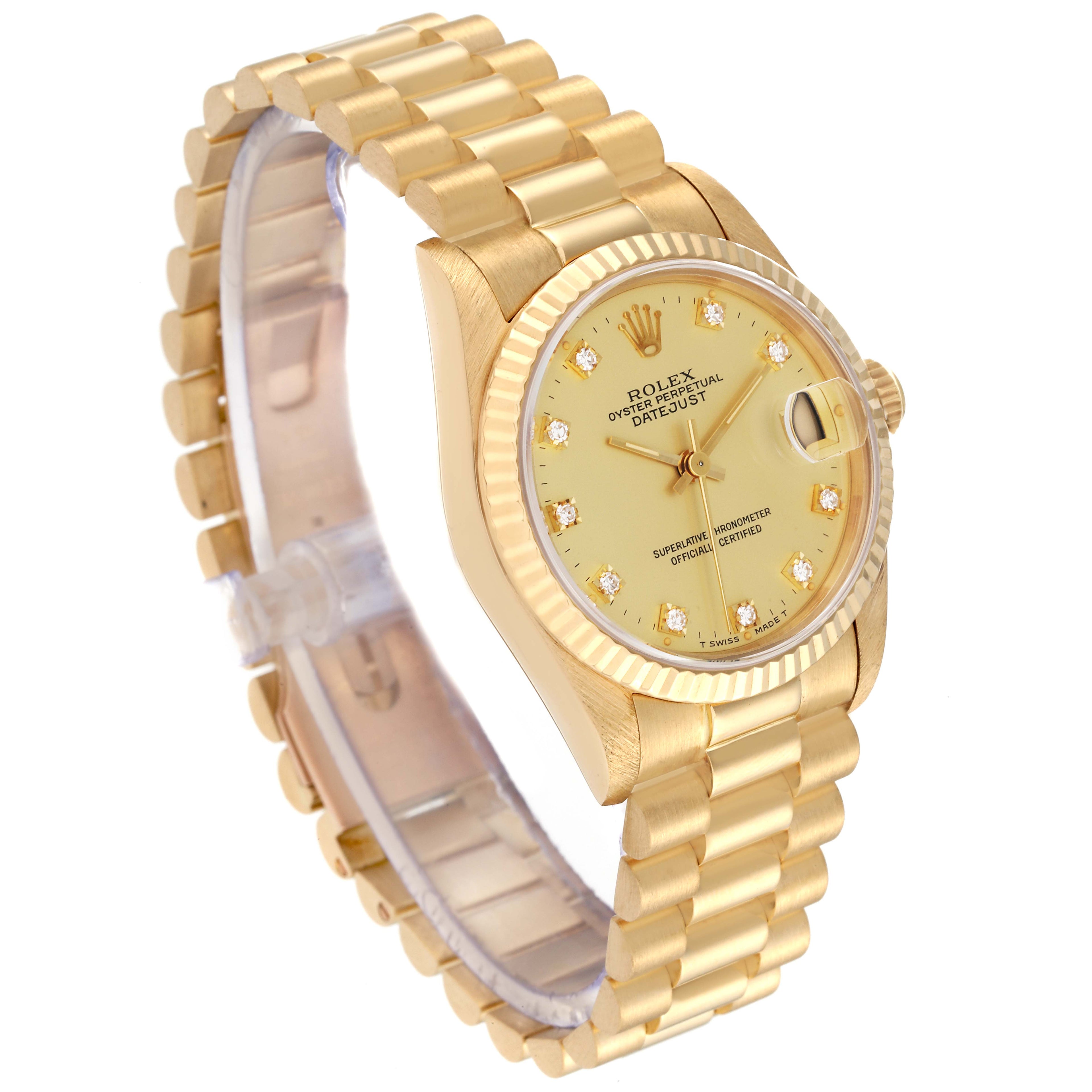 Rolex President Midsize Yellow Gold Diamond Ladies Watch 68278 Box Papers