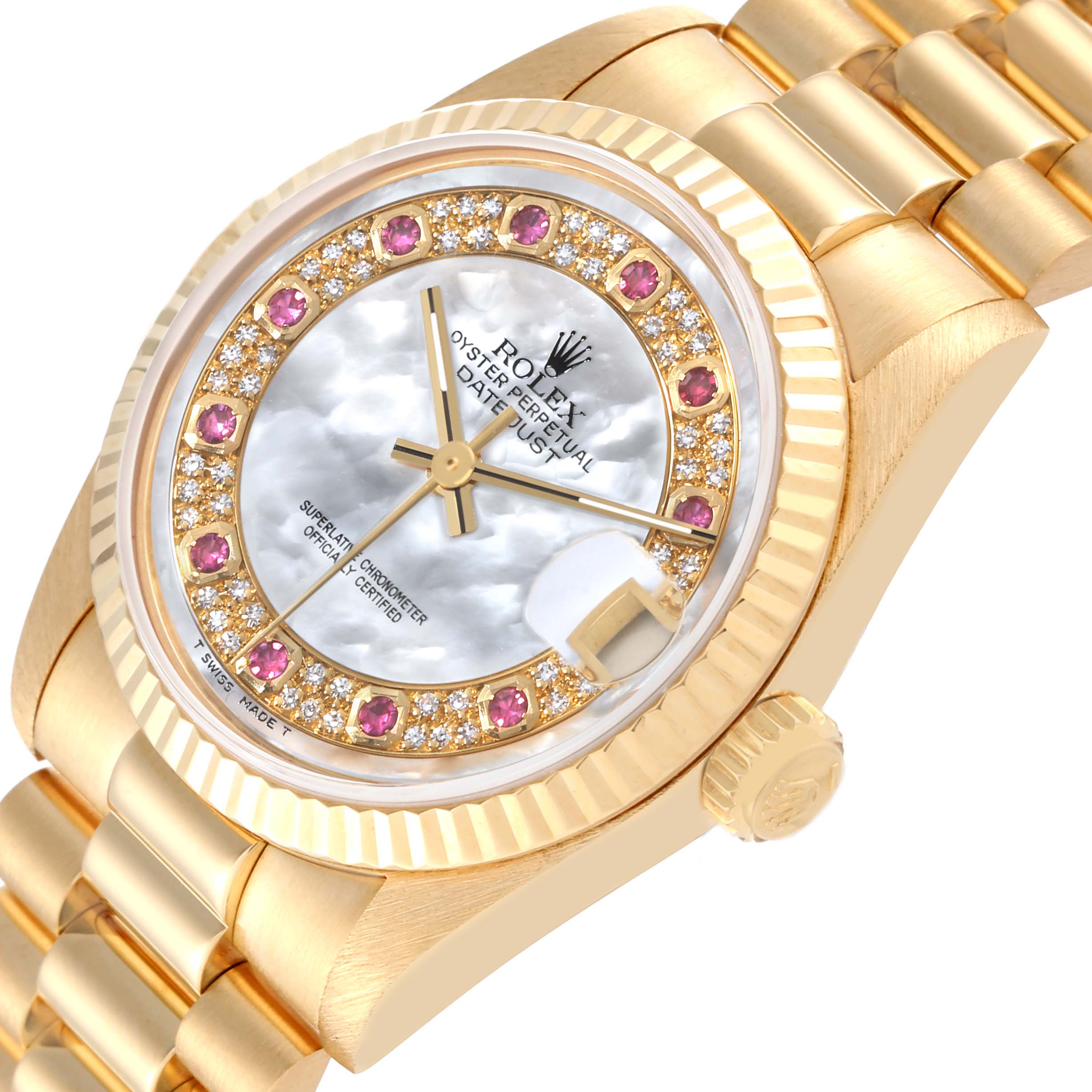 Rolex President Midsize Yellow Gold Mother of Pearl Ruby Myriad Dial Ladies Watch 68278