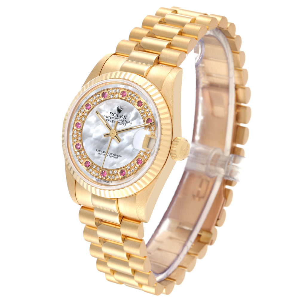Rolex President Midsize Yellow Gold Mother of Pearl Ruby Myriad Dial Ladies Watch 68278
