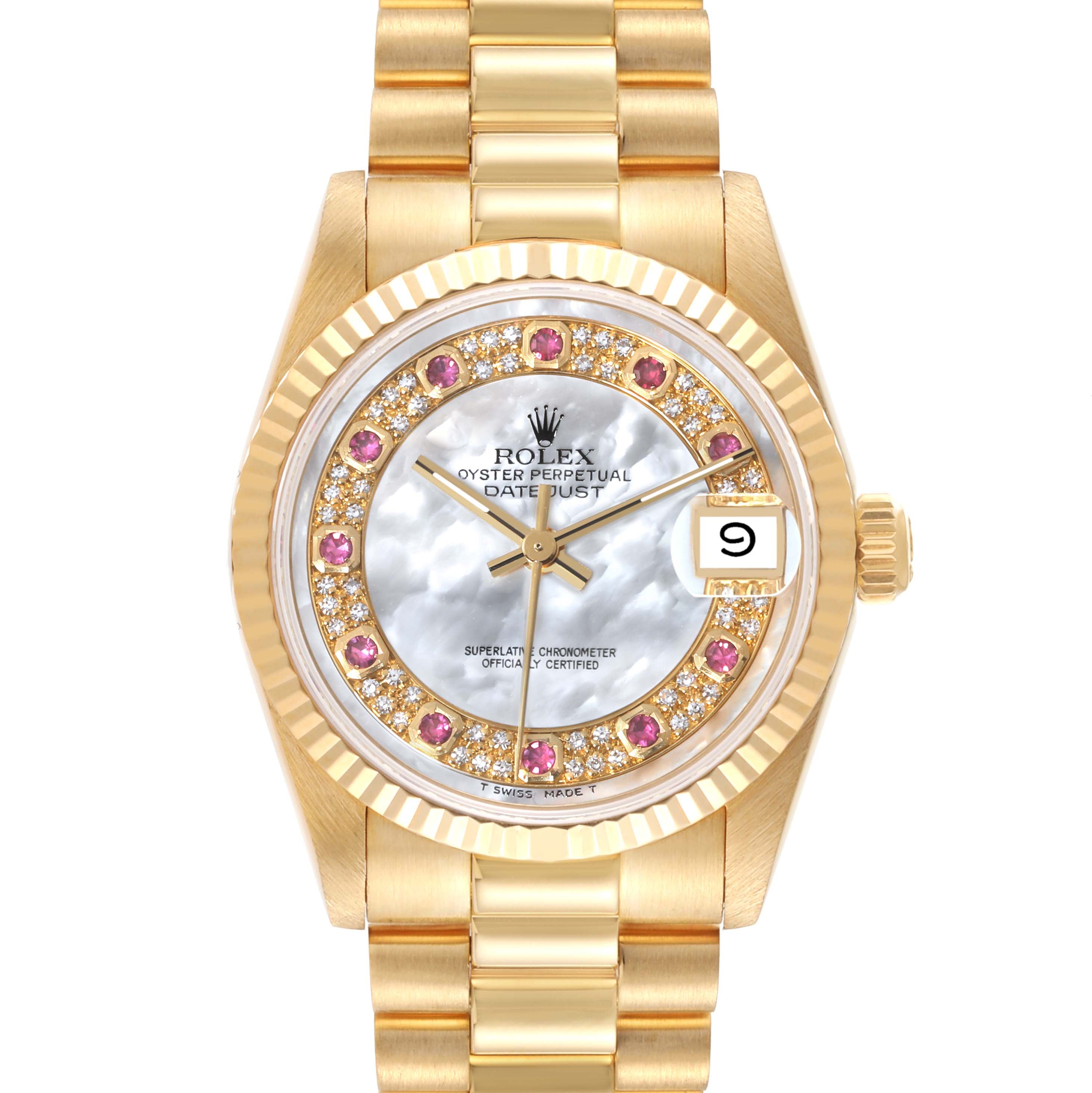 Rolex President Midsize Yellow Gold Mother of Pearl Ruby Myriad Dial Ladies Watch 68278