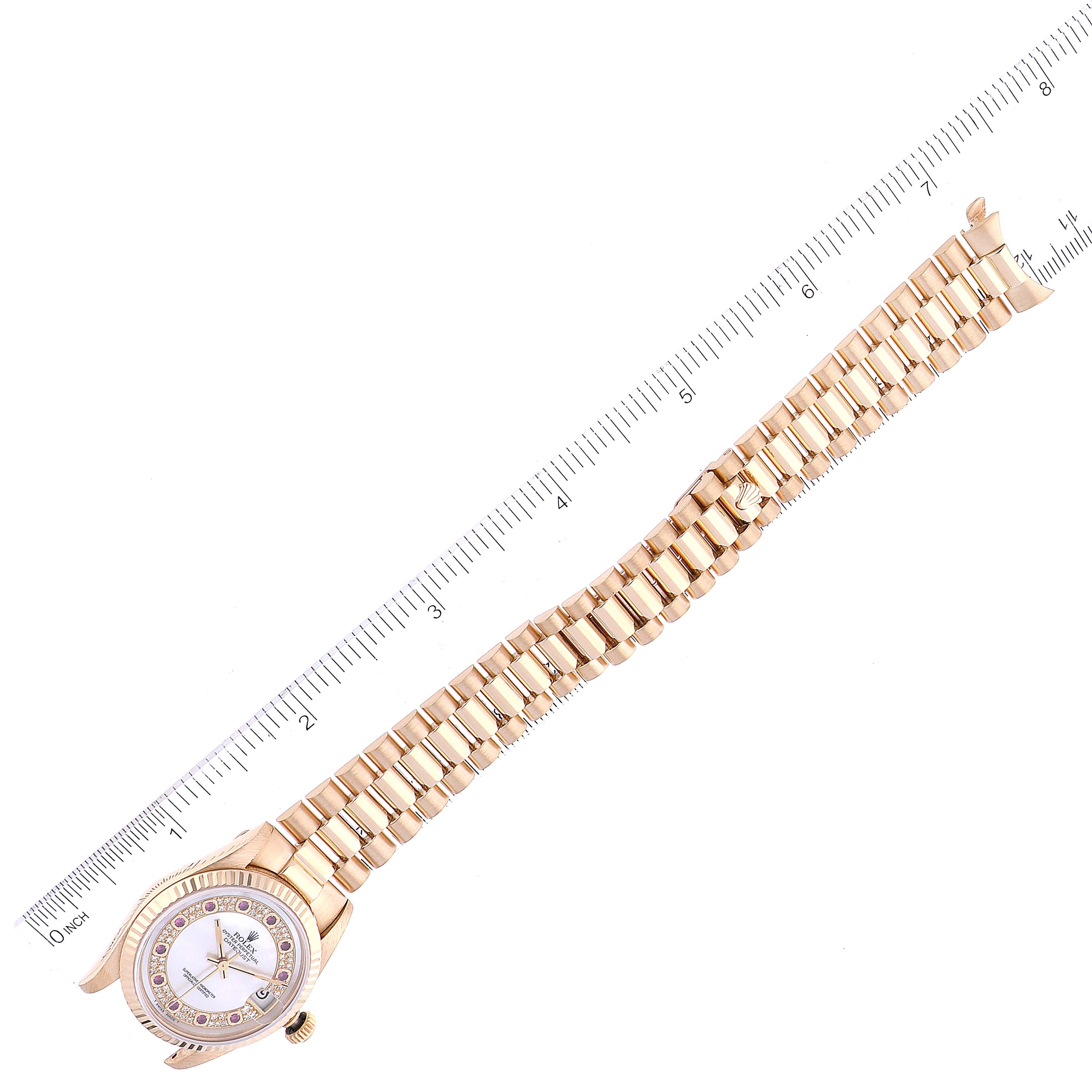 Rolex President Midsize Yellow Gold Mother of Pearl Ruby Myriad Dial Ladies Watch 68278