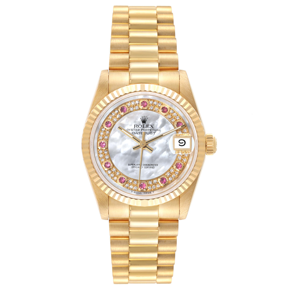 Rolex President Midsize Yellow Gold Mother of Pearl Ruby Myriad Dial Ladies Watch 68278