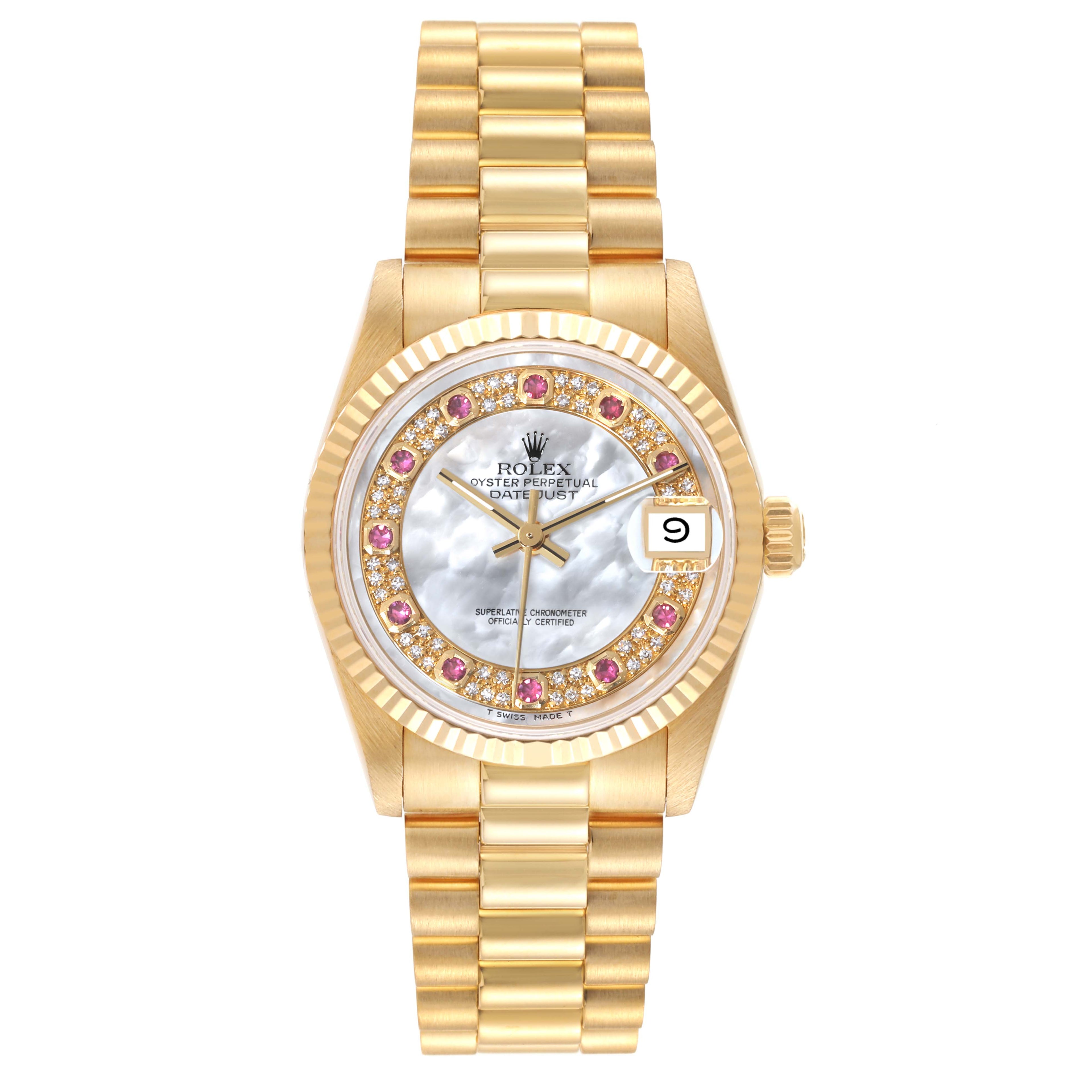 Rolex President Midsize Yellow Gold Mother of Pearl Ruby Myriad Dial Ladies Watch 68278