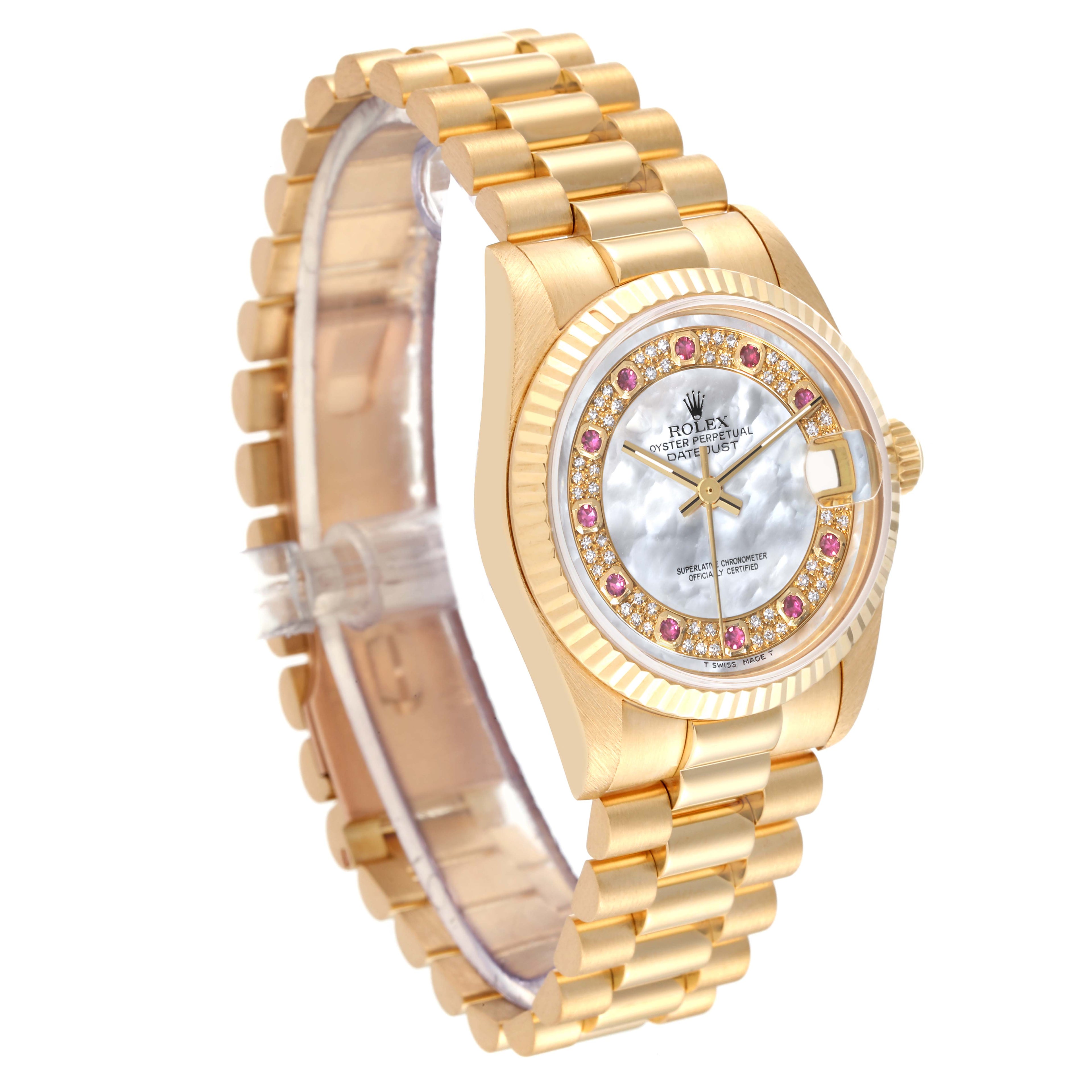 Rolex President Midsize Yellow Gold Mother of Pearl Ruby Myriad Dial Ladies Watch 68278