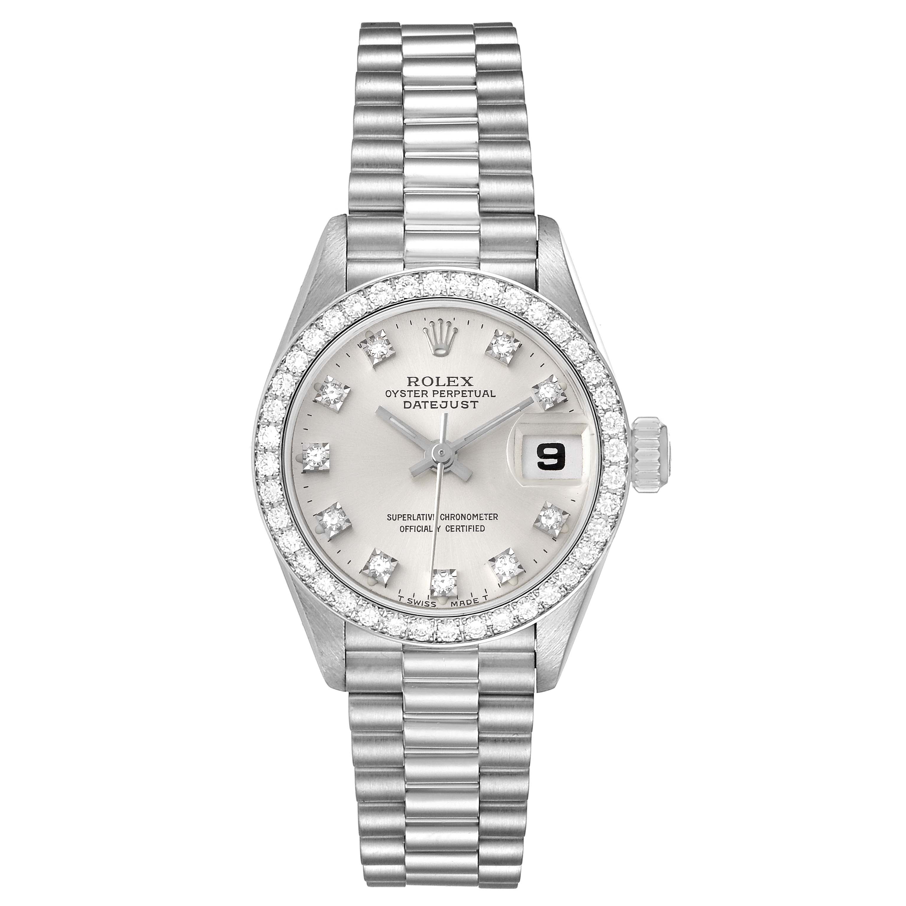 Rolex President Platinum Silver Diamond Dial Ladies Watch 69136
