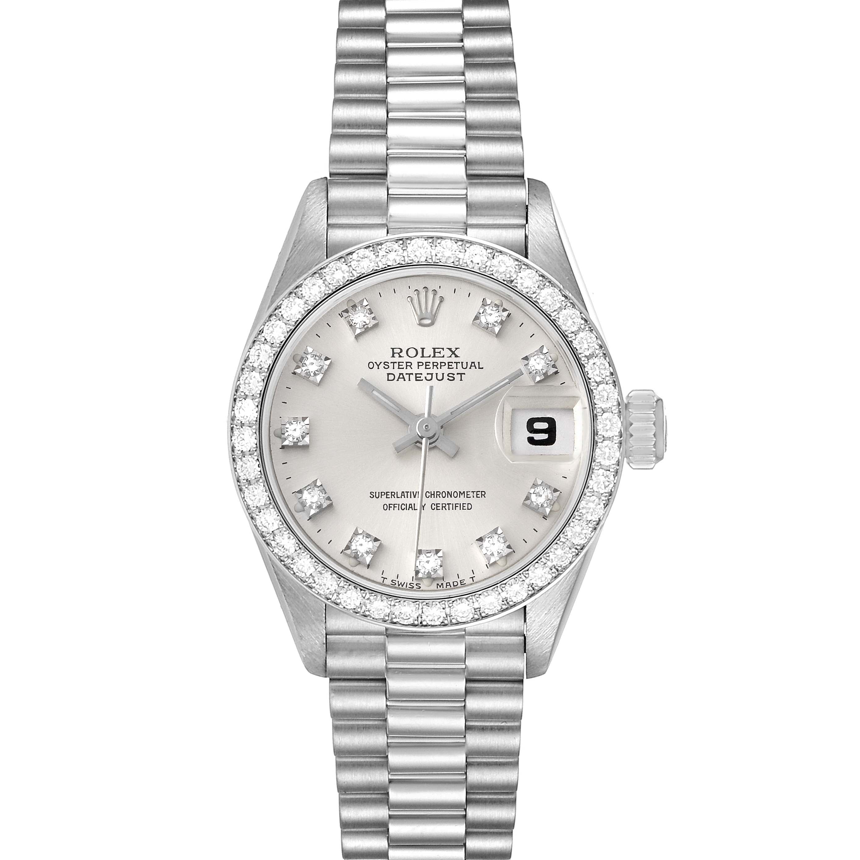 Rolex President Platinum Silver Diamond Dial Ladies Watch 69136
