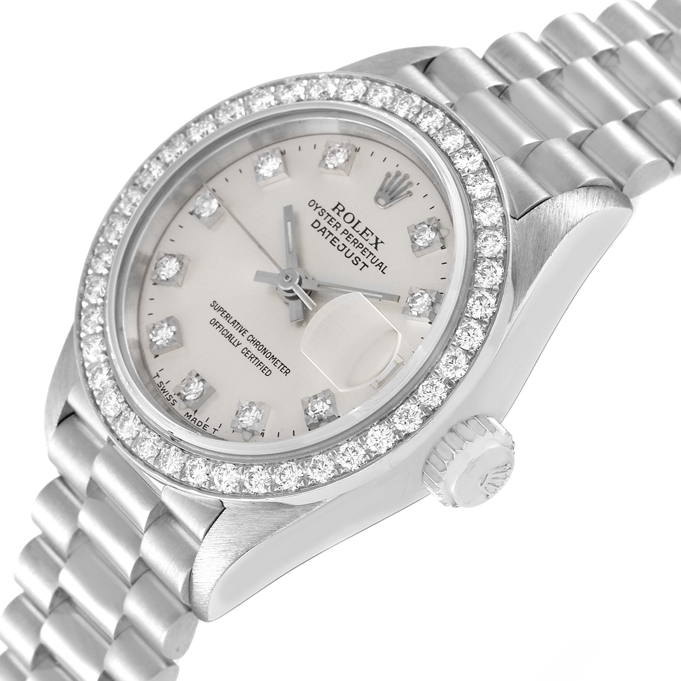 Rolex President Platinum Silver Diamond Dial Ladies Watch 69136