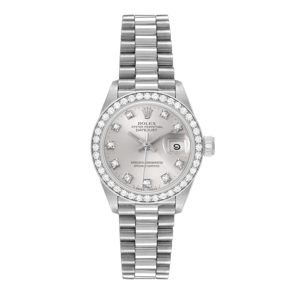 Rolex President Platinum Silver Diamond Dial Ladies Watch 69136 Box Papers