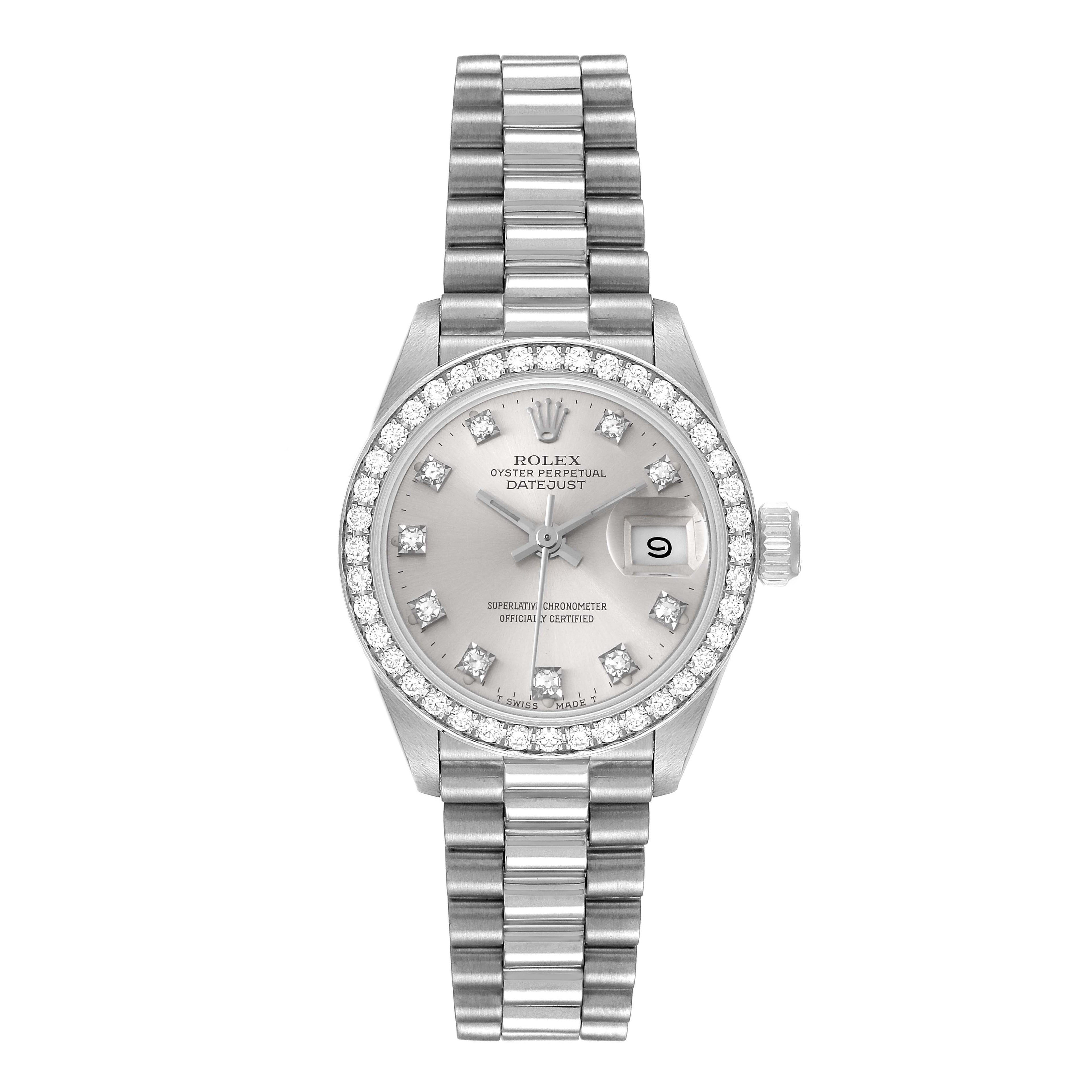 Rolex President Platinum Silver Diamond Dial Ladies Watch 69136 Box Papers