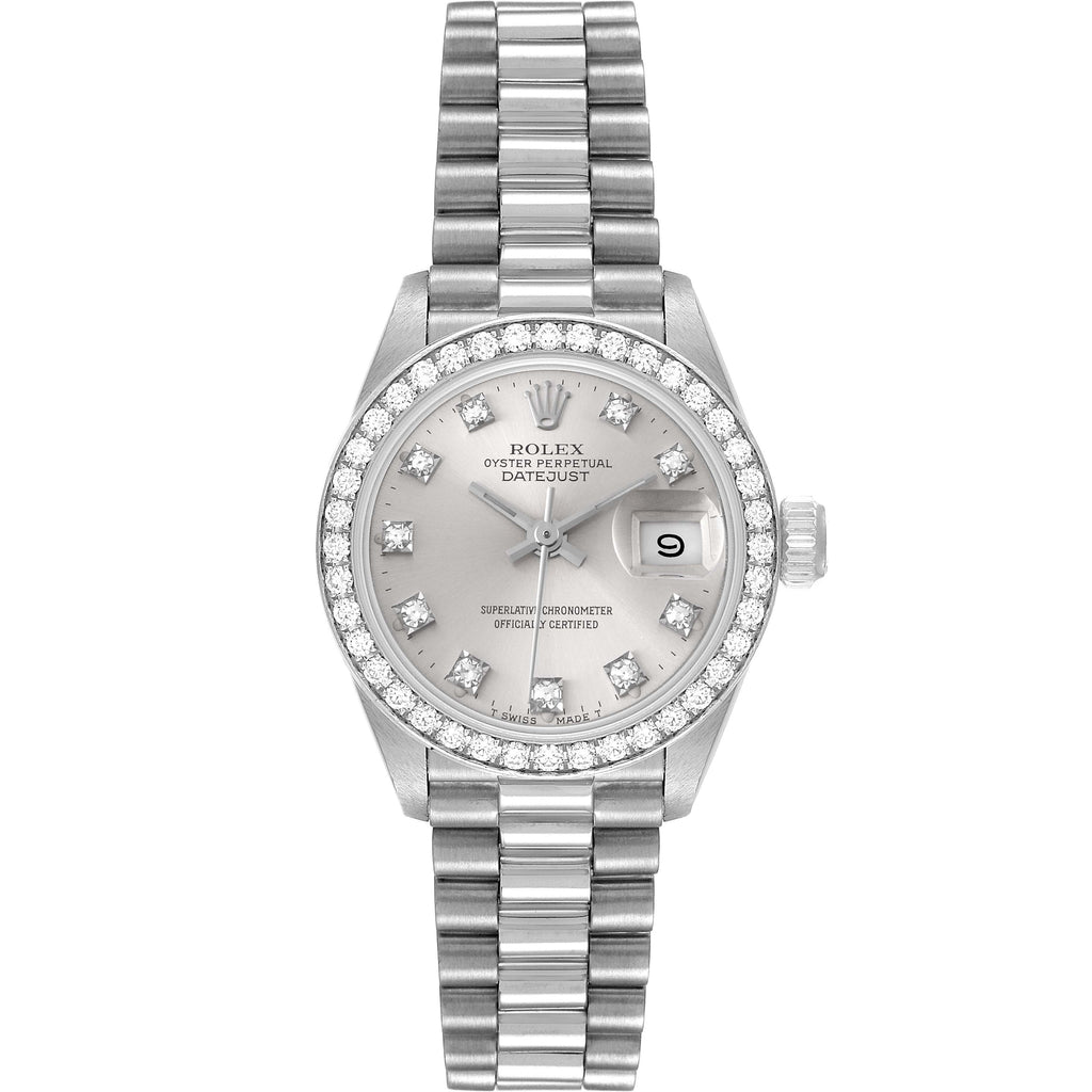 Rolex President Platinum Silver Diamond Dial Ladies Watch 69136 Box Papers