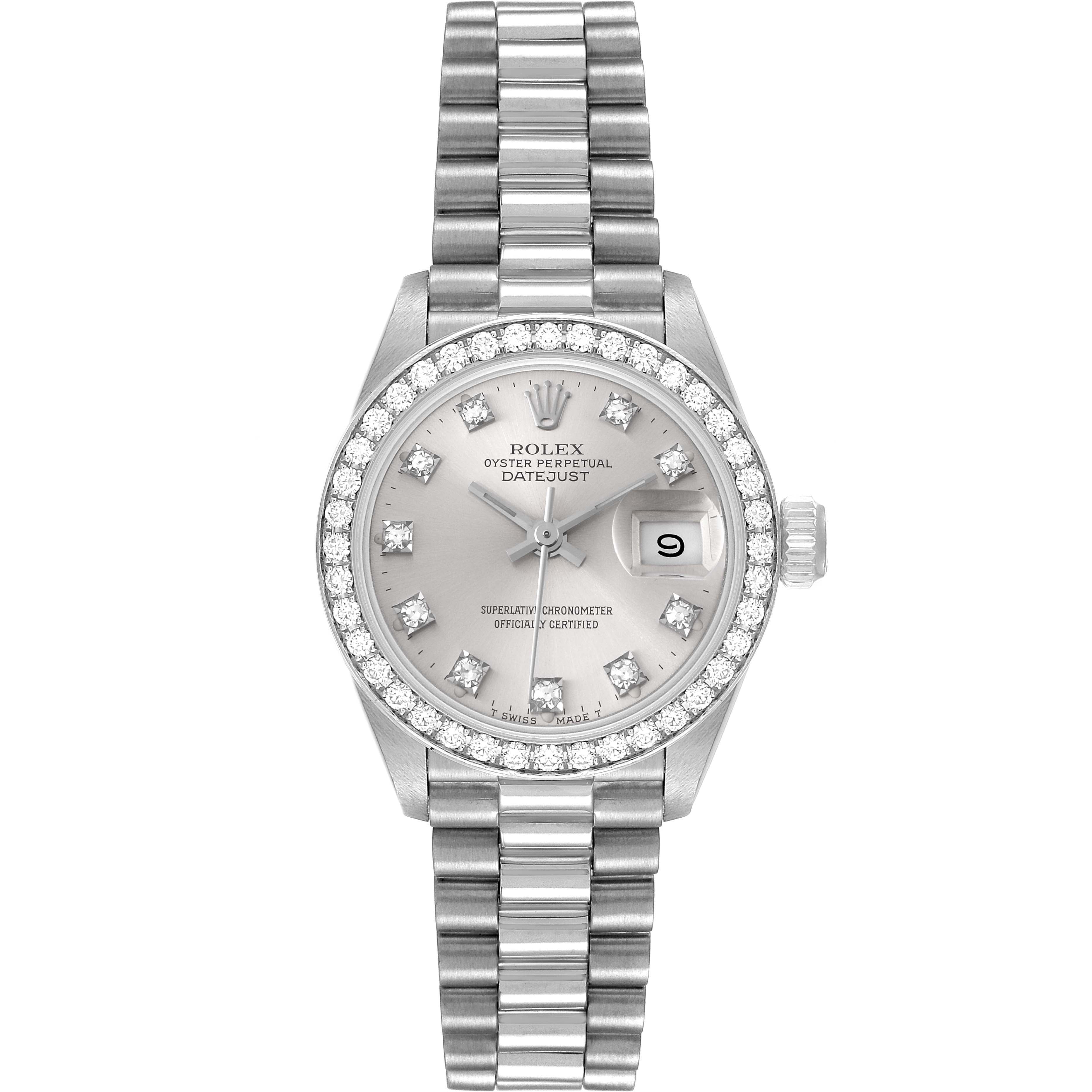 Rolex President Platinum Silver Diamond Dial Ladies Watch 69136 Box Papers