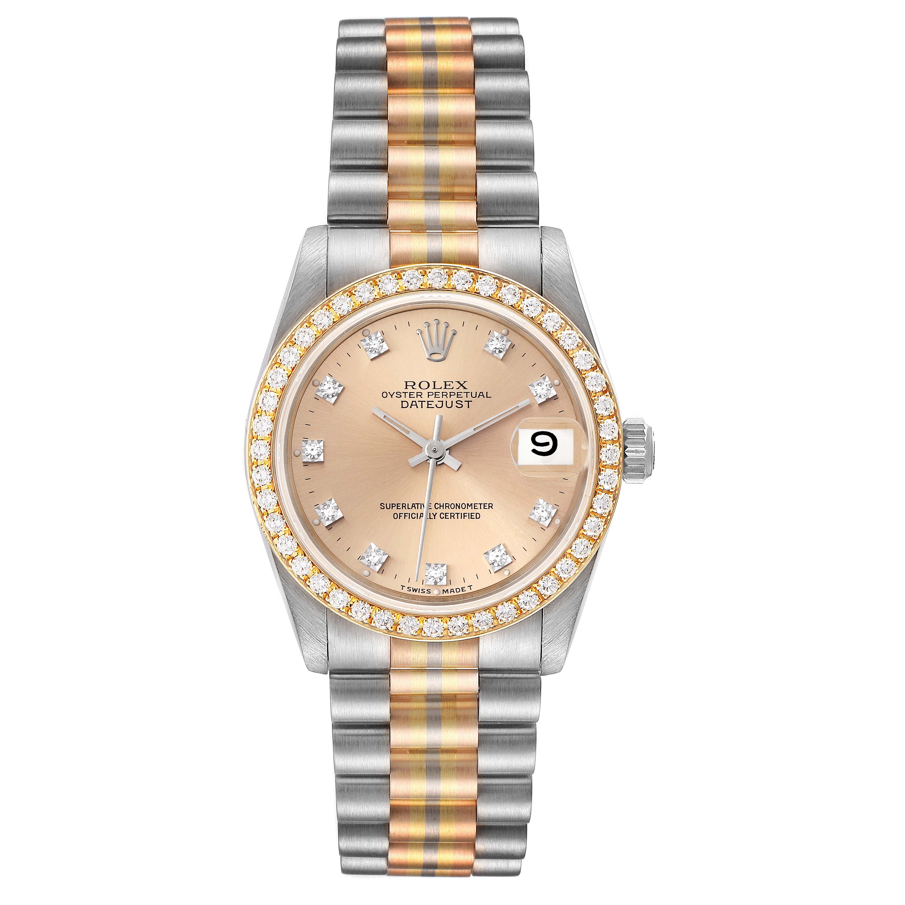 Rolex President Tridor Midsize White Yellow Rose Gold Diamond Ladies Watch 68289 +2 Extra Links