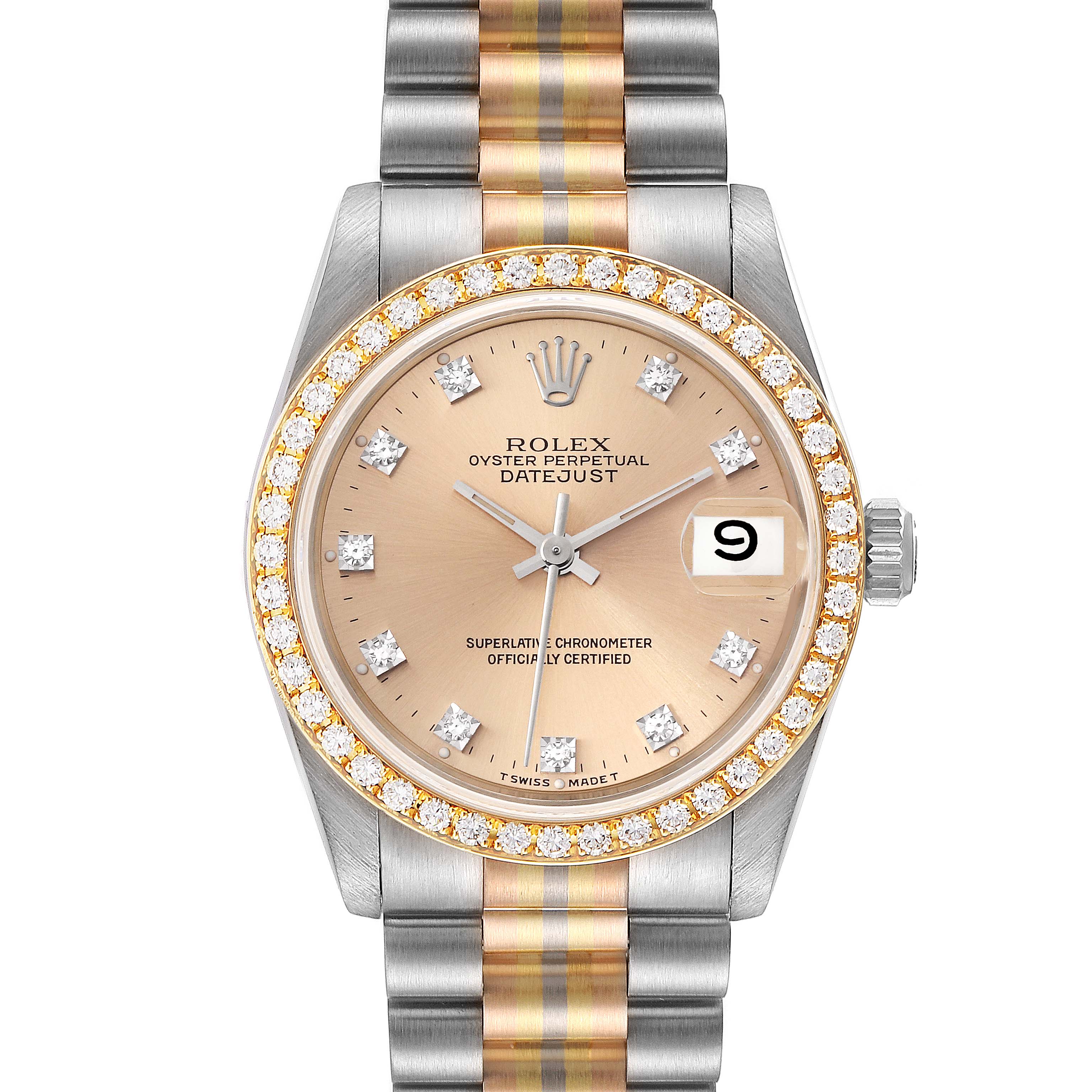 Rolex President Tridor Midsize White Yellow Rose Gold Diamond Ladies Watch 68289 +2 Extra Links