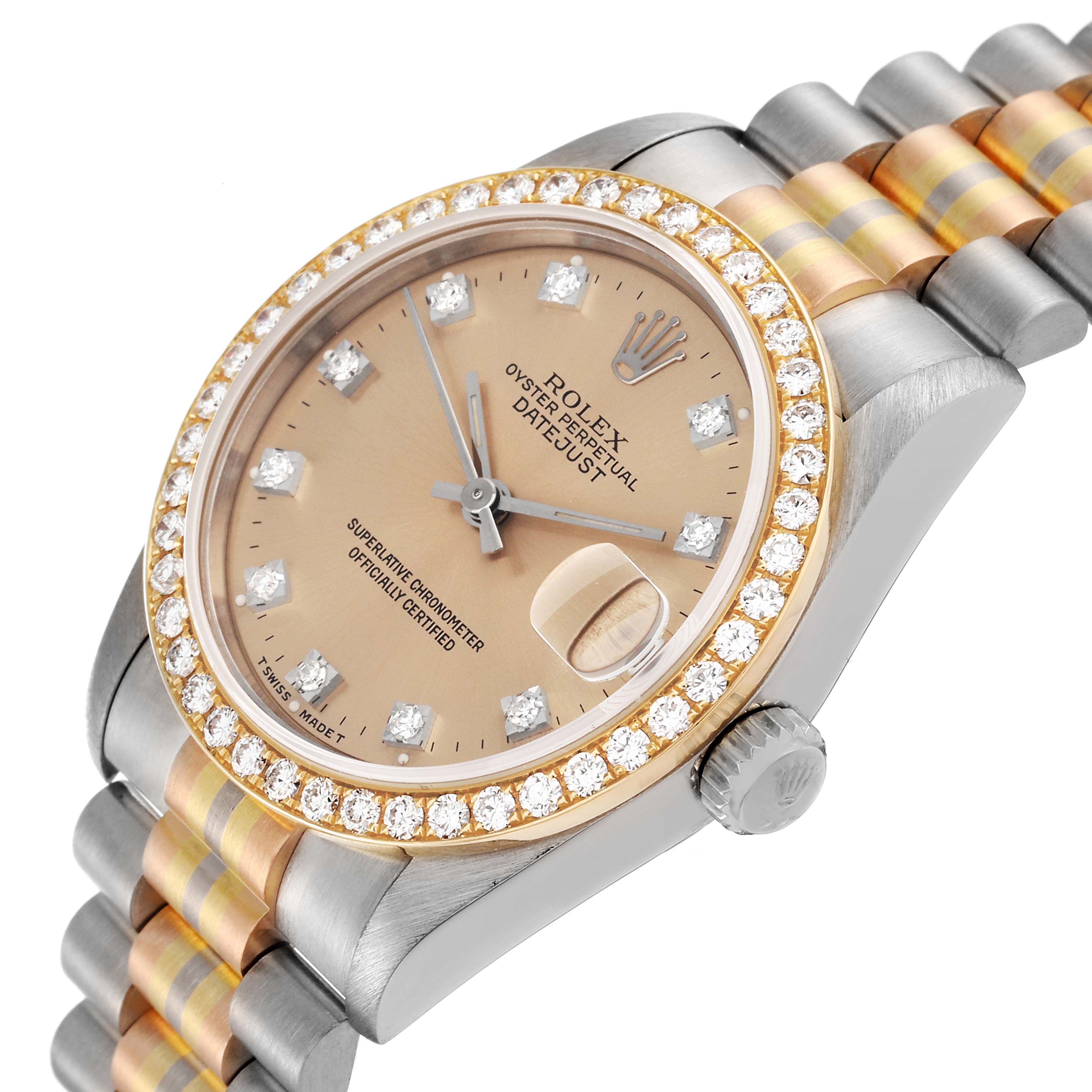 Rolex President Tridor Midsize White Yellow Rose Gold Diamond Ladies Watch 68289 +2 Extra Links
