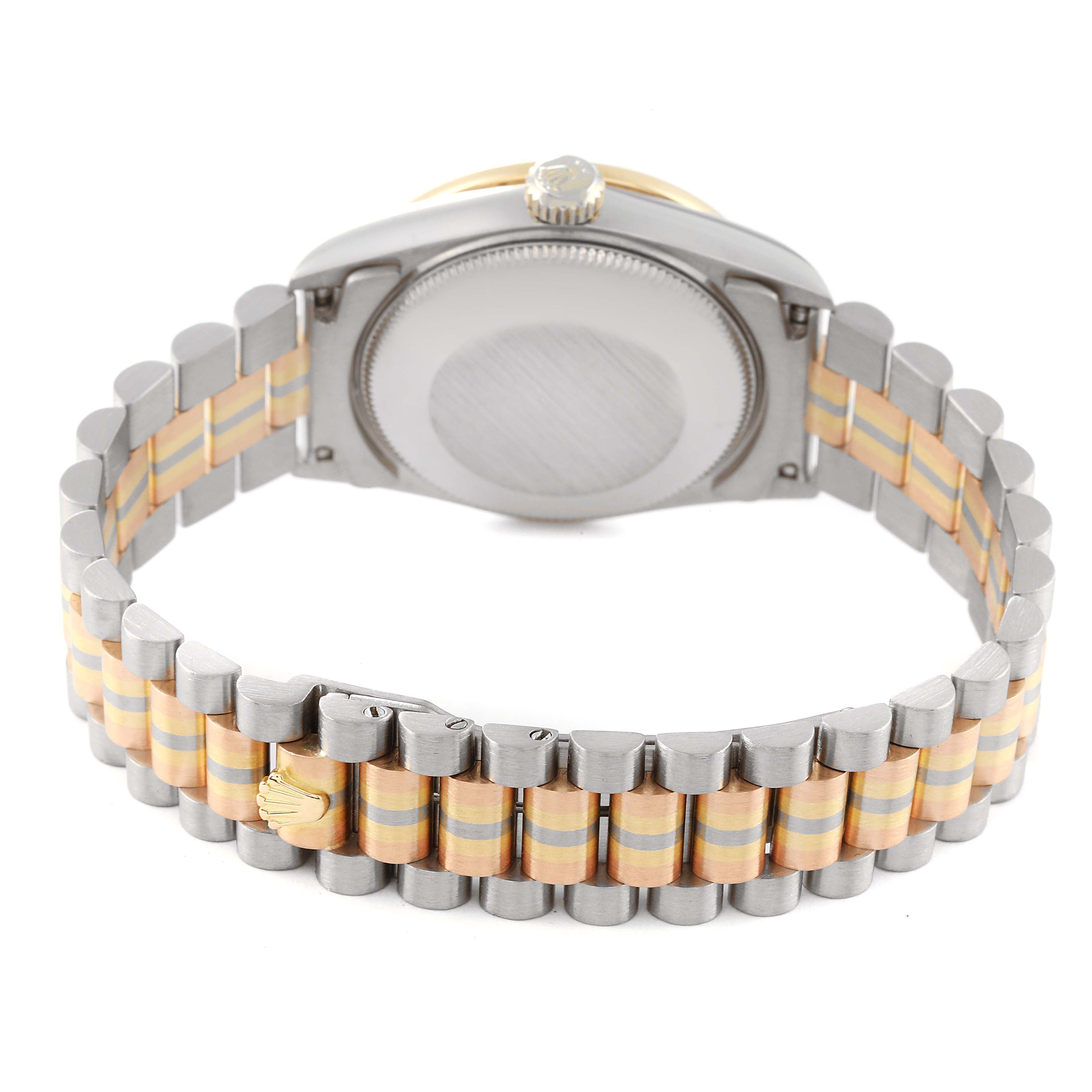 Rolex President Tridor Midsize White Yellow Rose Gold Mother of Pearl Diamond Ladies Watch 68289