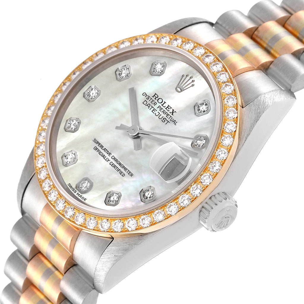 Rolex President Tridor Midsize White Yellow Rose Gold Mother of Pearl Diamond Ladies Watch 68289