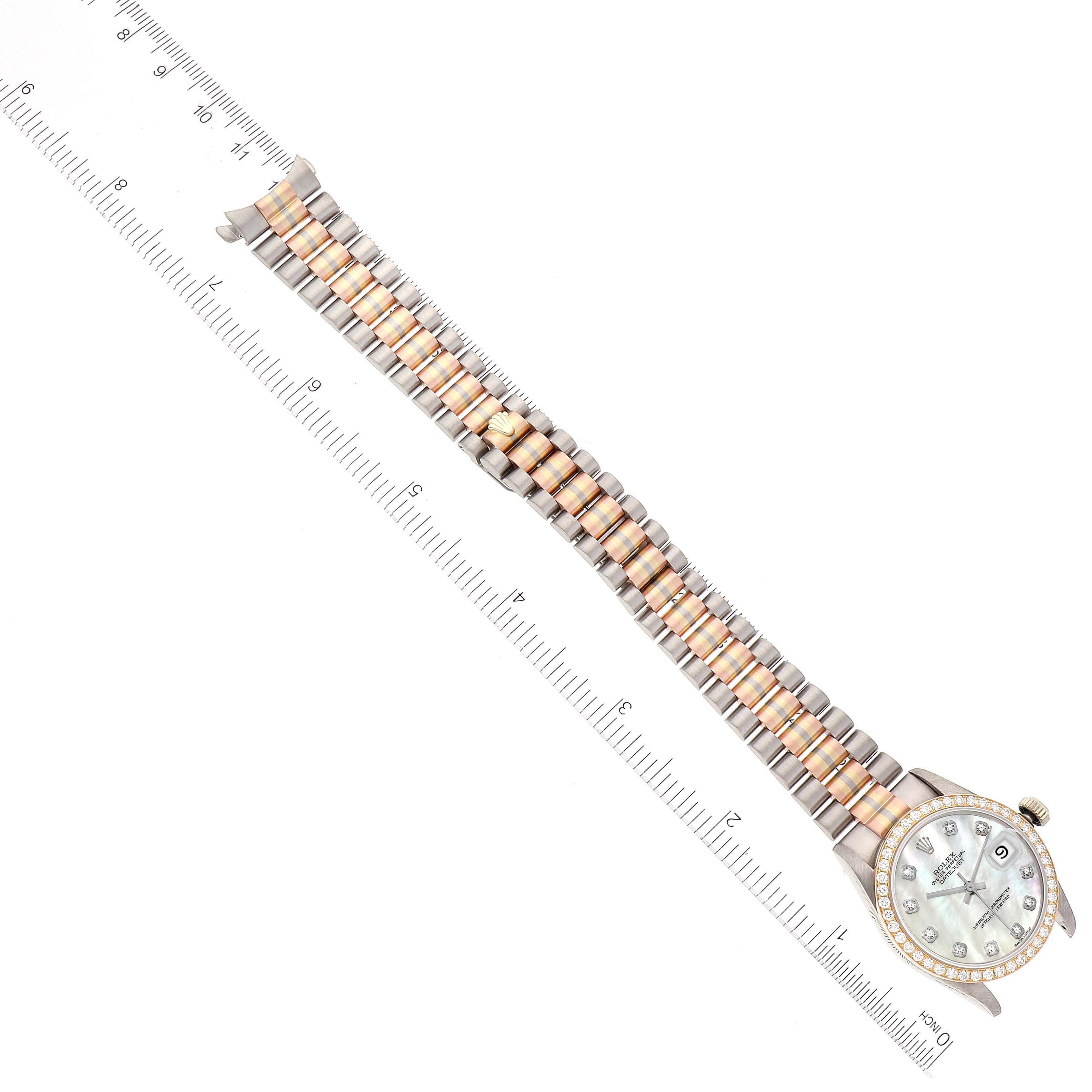 Rolex President Tridor Midsize White Yellow Rose Gold Mother of Pearl Diamond Ladies Watch 68289