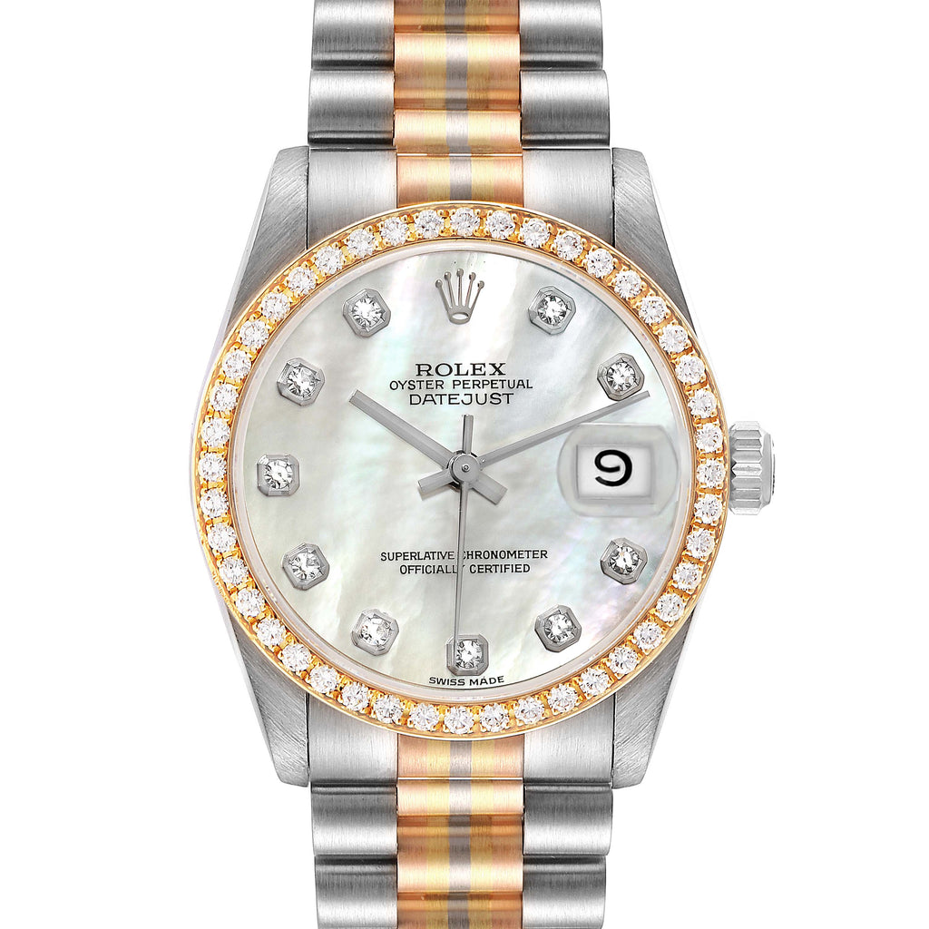 Rolex President Tridor Midsize White Yellow Rose Gold Mother of Pearl Diamond Ladies Watch 68289