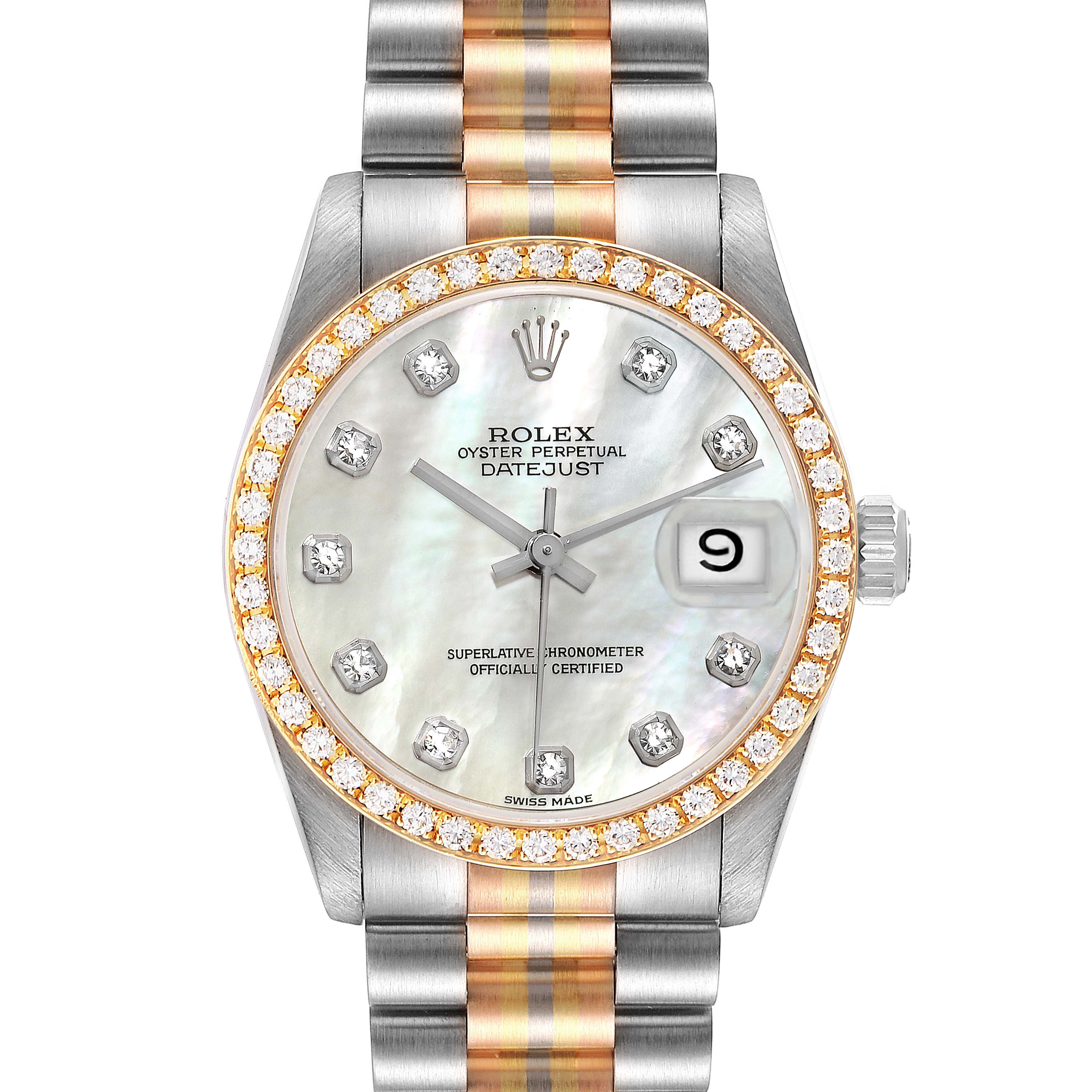 Rolex President Tridor Midsize White Yellow Rose Gold Mother of Pearl Diamond Ladies Watch 68289