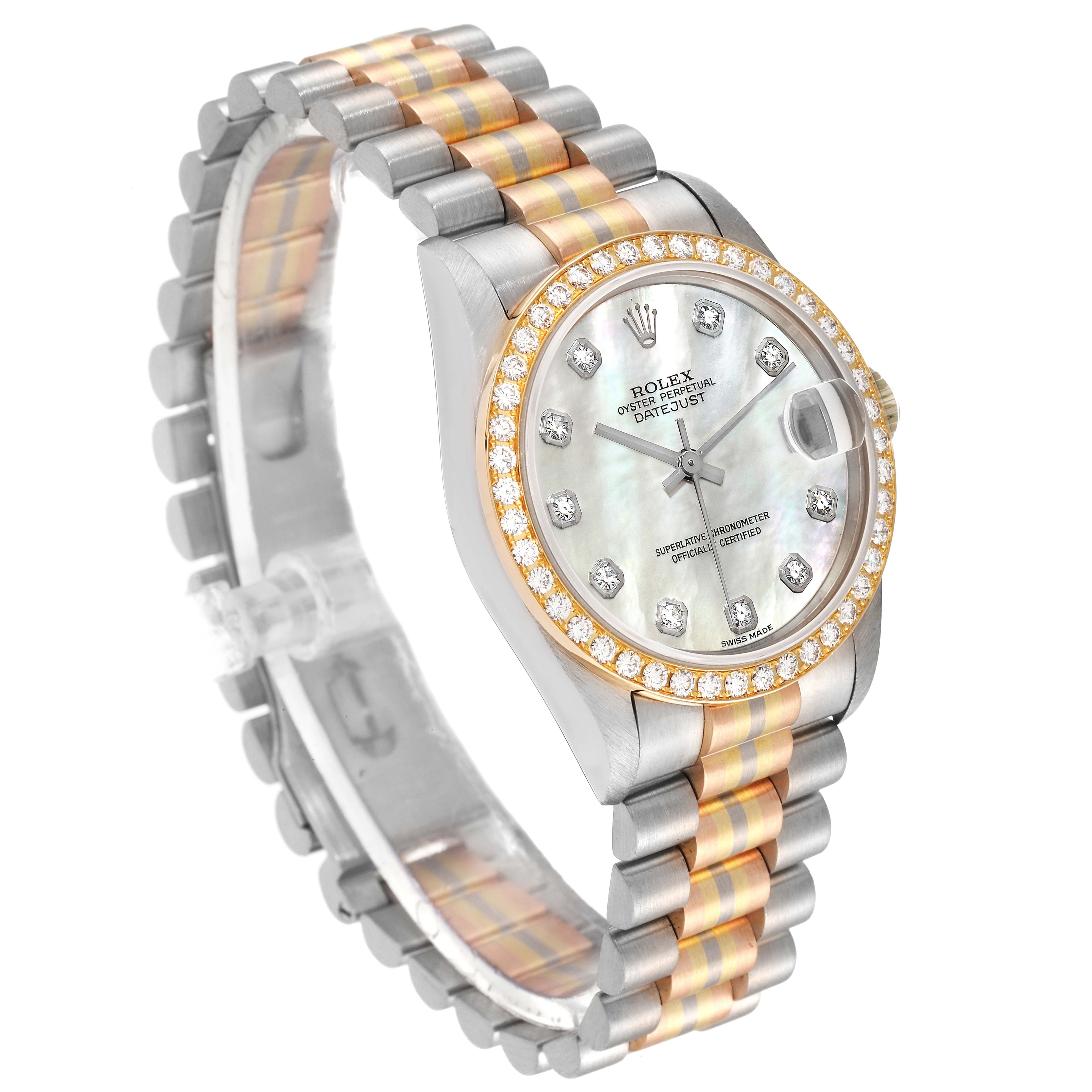 Rolex President Tridor Midsize White Yellow Rose Gold Mother of Pearl Diamond Ladies Watch 68289