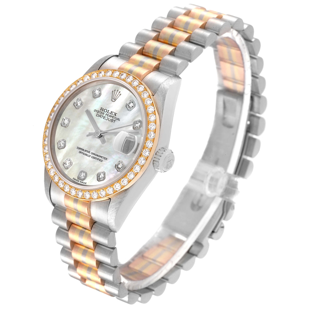 Rolex President Tridor Midsize White Yellow Rose Gold Mother of Pearl Diamond Ladies Watch 68289