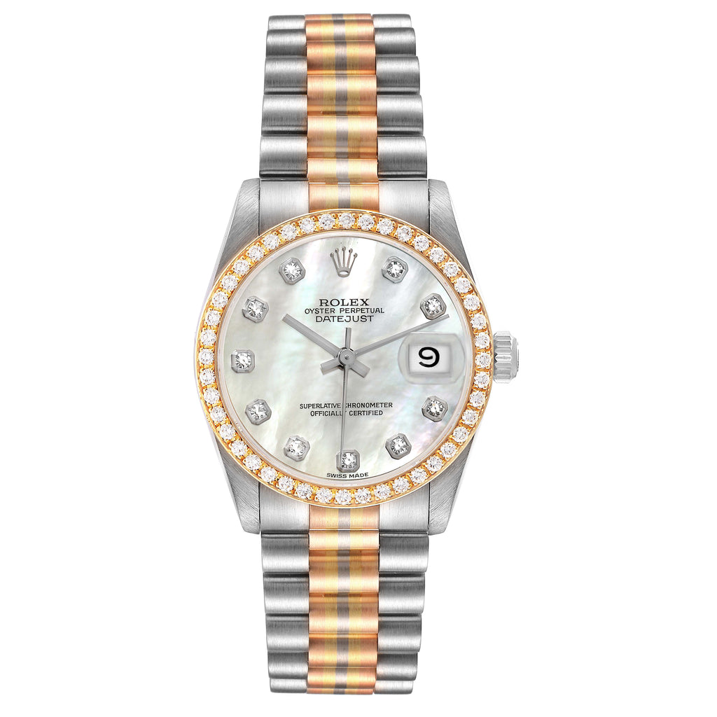 Rolex President Tridor Midsize White Yellow Rose Gold Mother of Pearl Diamond Ladies Watch 68289