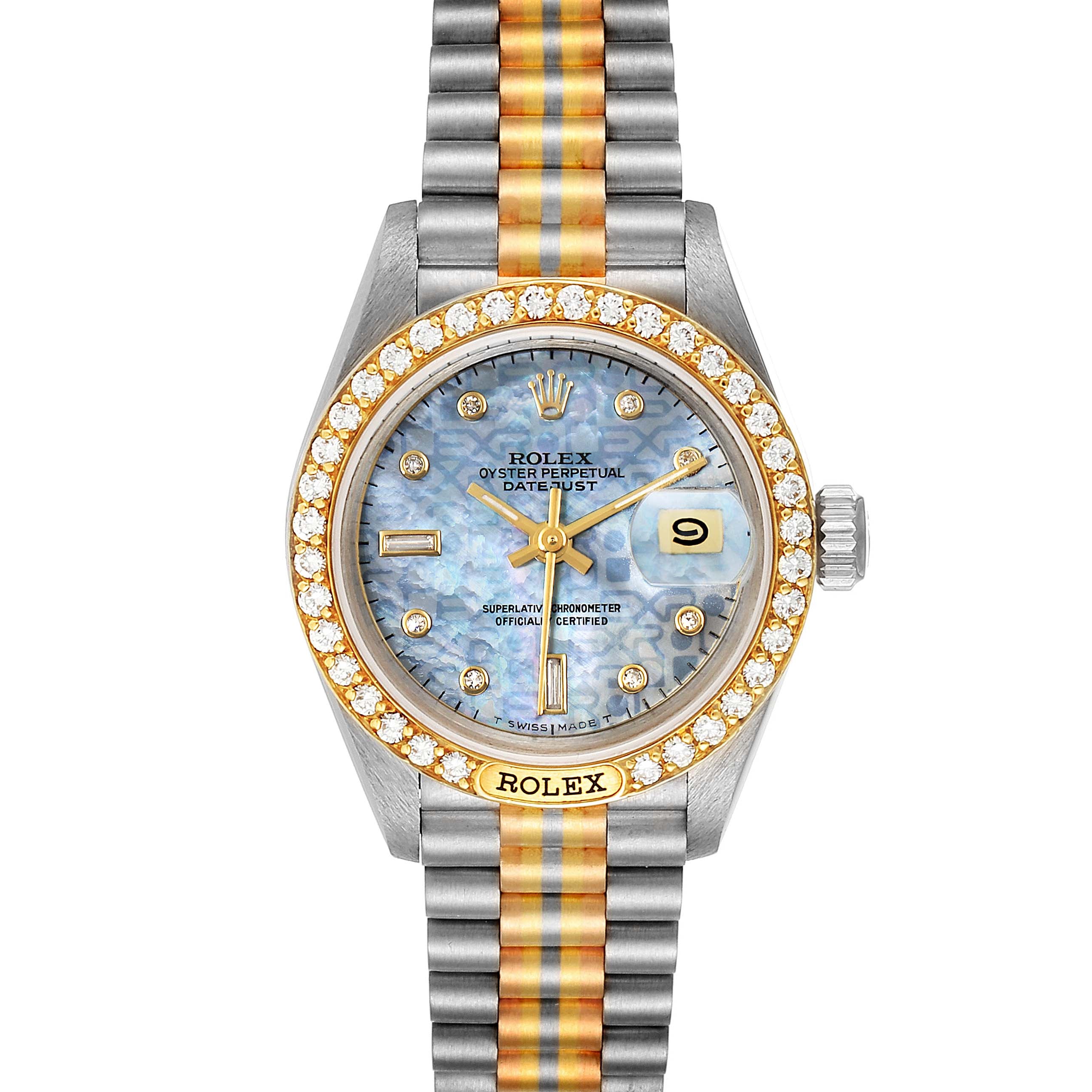Rolex President Tridor White Yellow Rose Gold Mother Of Pearl Diamond Ladies Watch 69149