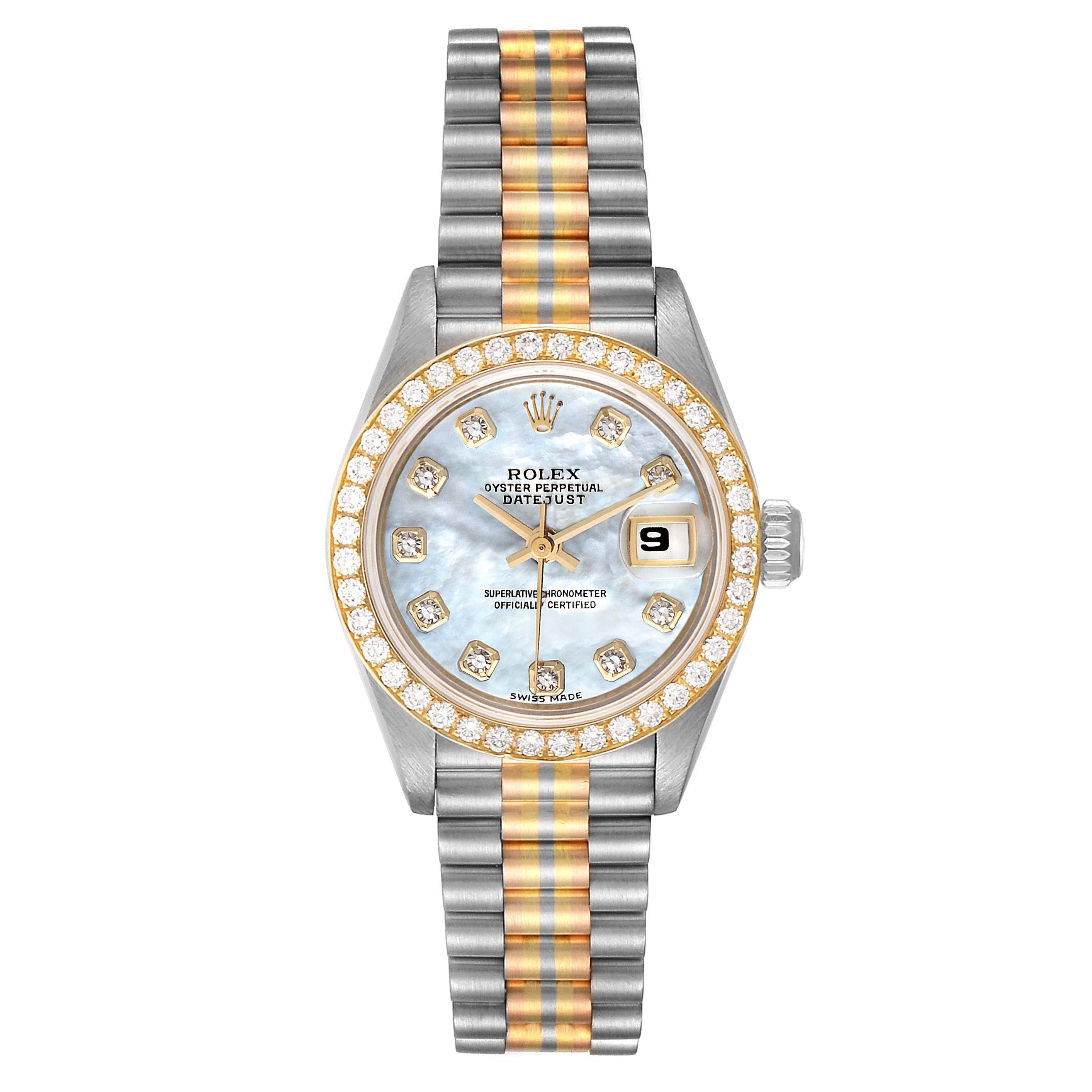 Rolex President Tridor White Yellow Rose Gold Diamond Watch 69139 Box Papers