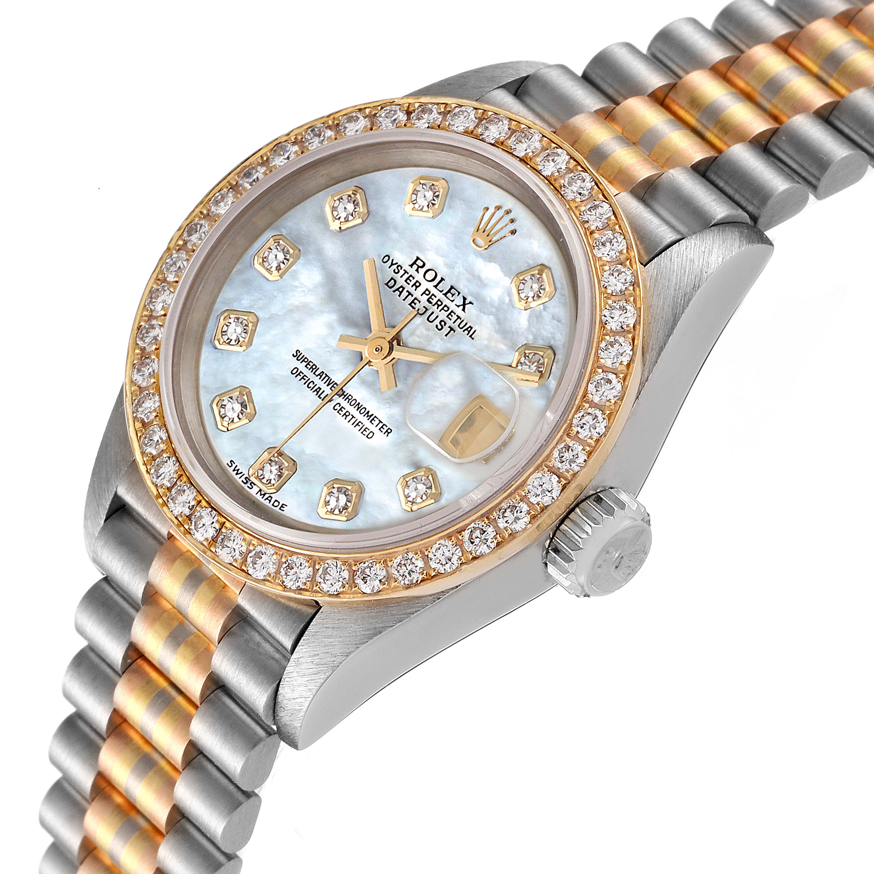 Rolex President Tridor White Yellow Rose Gold Diamond Watch 69139 Box Papers