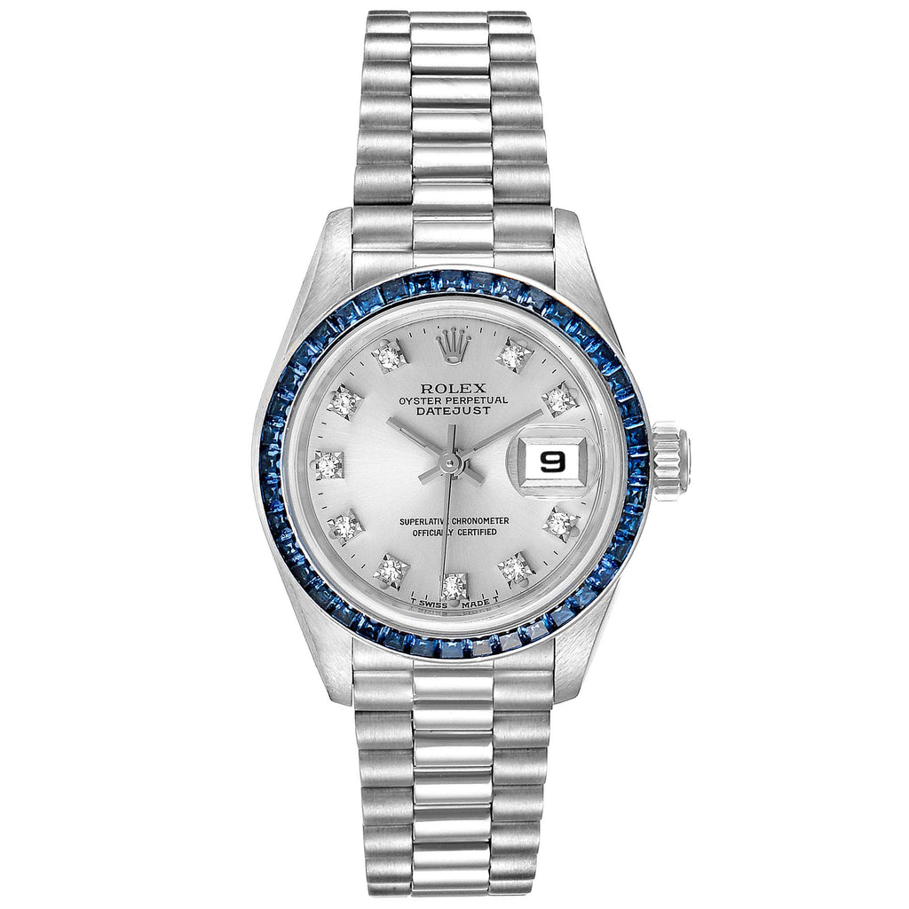 Rolex President White Gold Diamond Sapphire Ladies Watch 69119 Box Papers