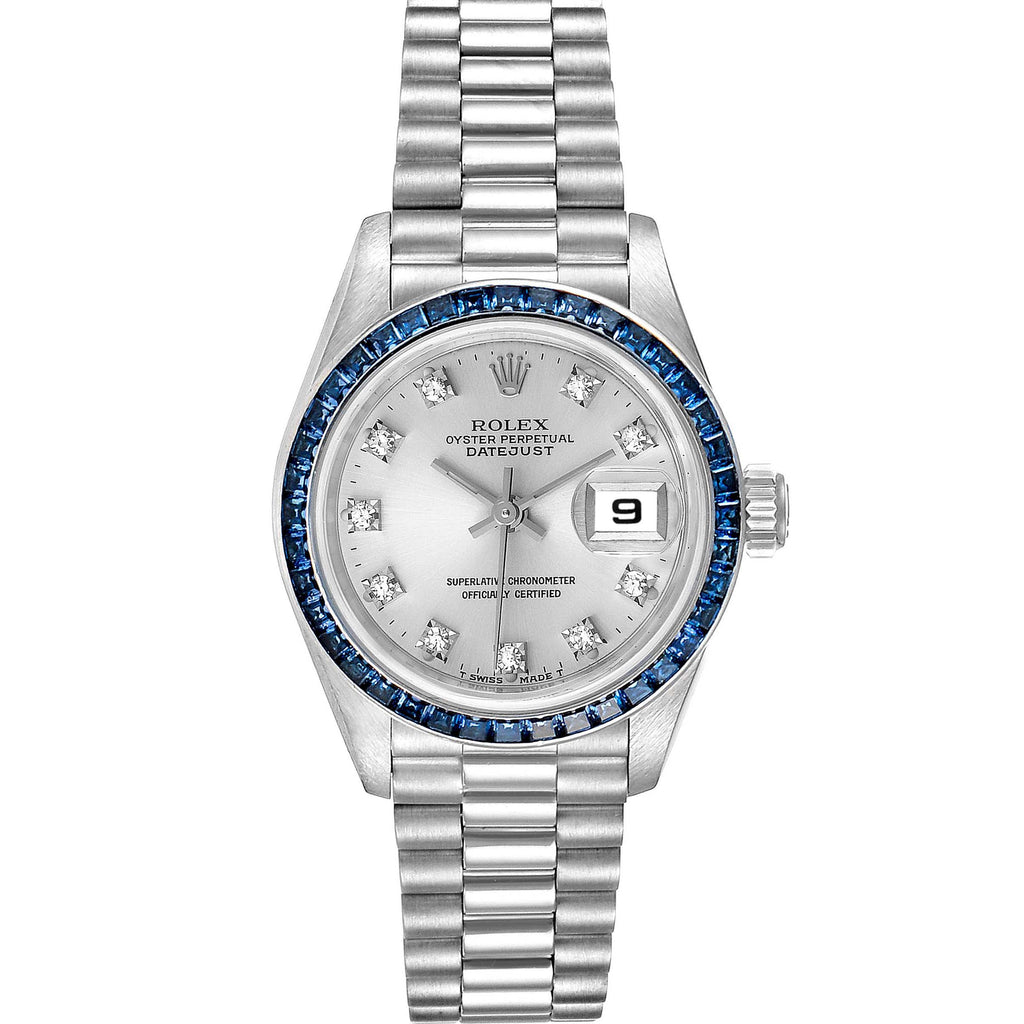 Rolex President White Gold Diamond Sapphire Ladies Watch 69119 Box Papers