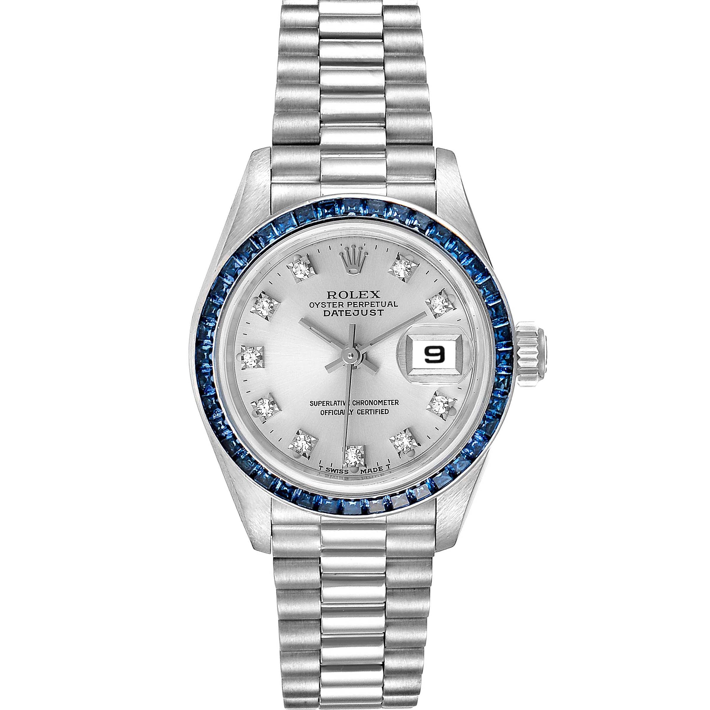 Rolex President White Gold Diamond Sapphire Ladies Watch 69119 Box Papers