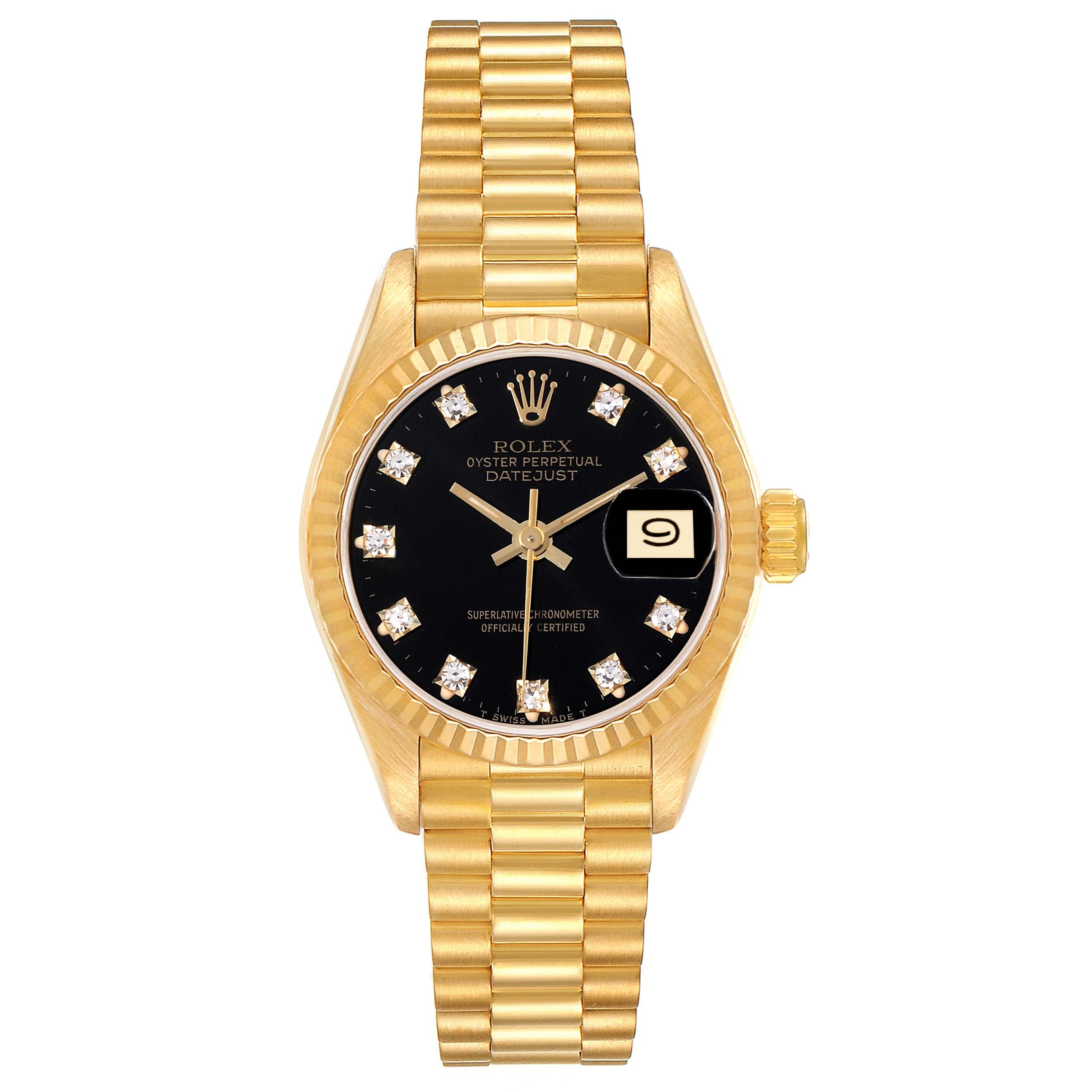 Rolex President Yellow Gold Black Diamond Dial Ladies Watch 69178