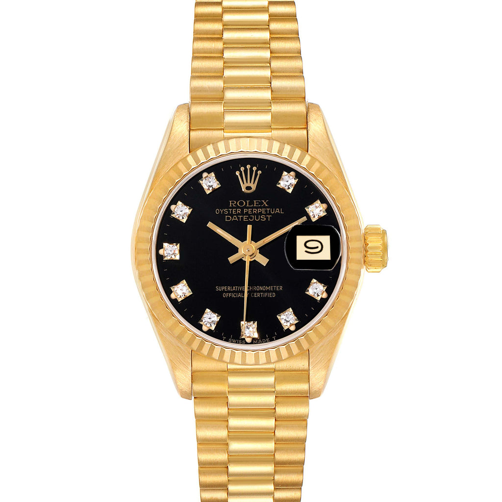 Rolex President Yellow Gold Black Diamond Dial Ladies Watch 69178